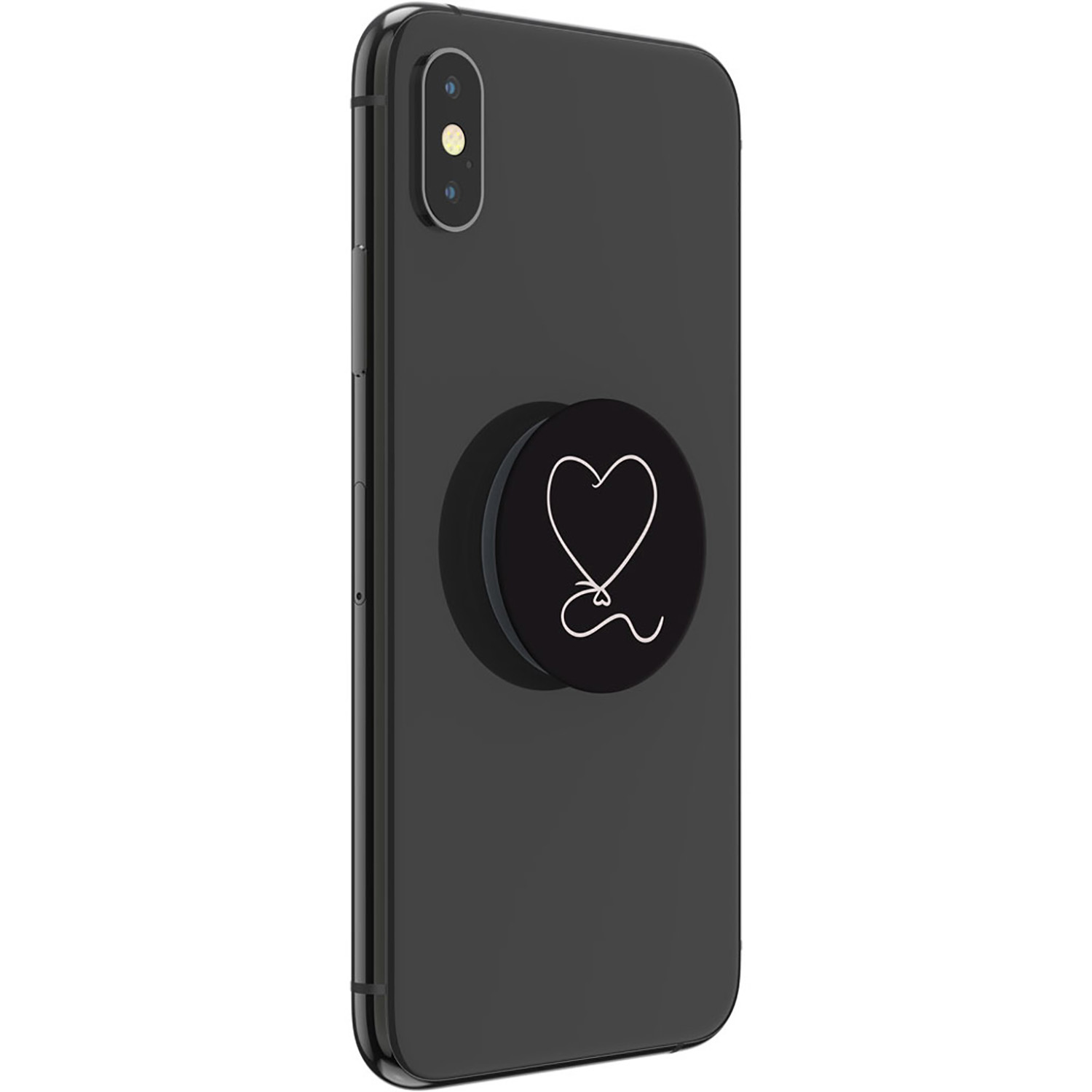 Schwarzes Telefon mit herzförmigem Pop-Socket auf der Rückseite.