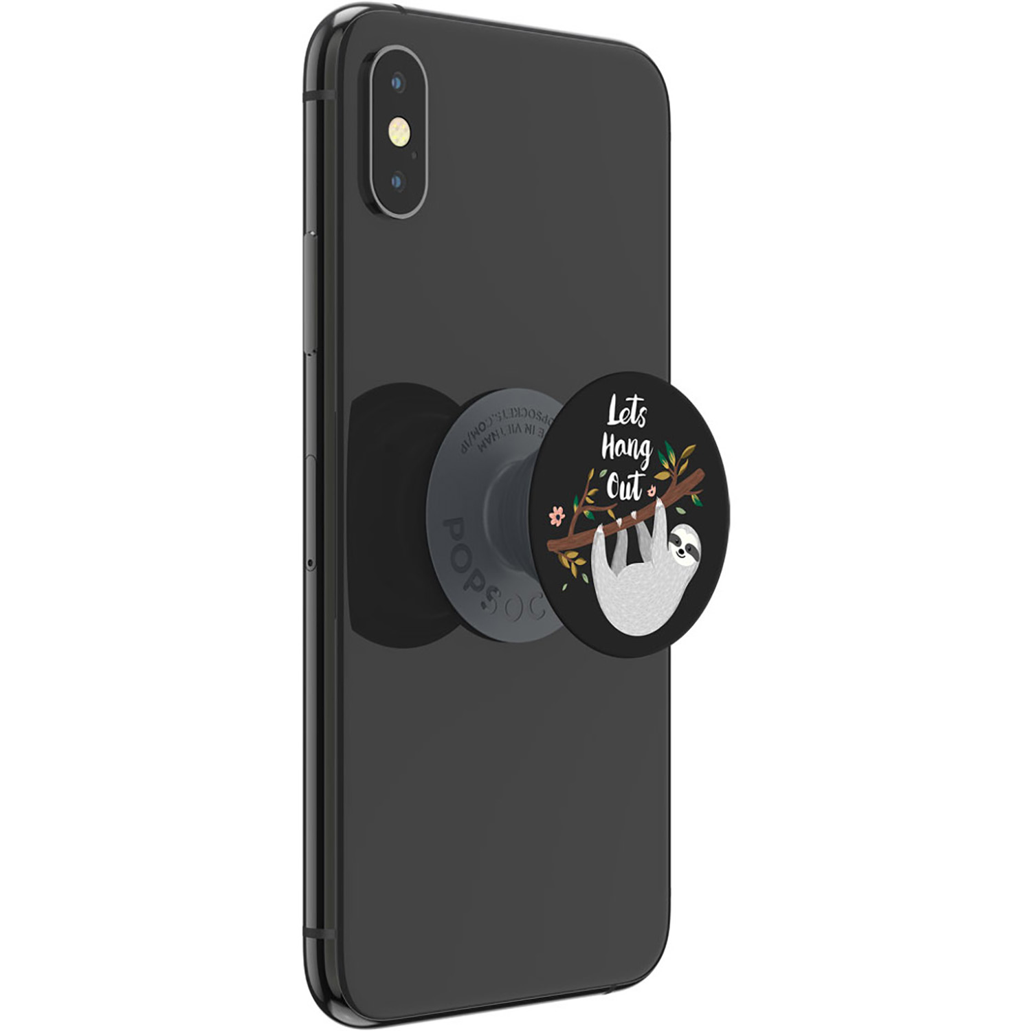 Schwarzes Telefon mit einem Faultier-PopSocket. Text: Let's Hang Out. Das Telefon liegt auf schwarzem Untergrund.