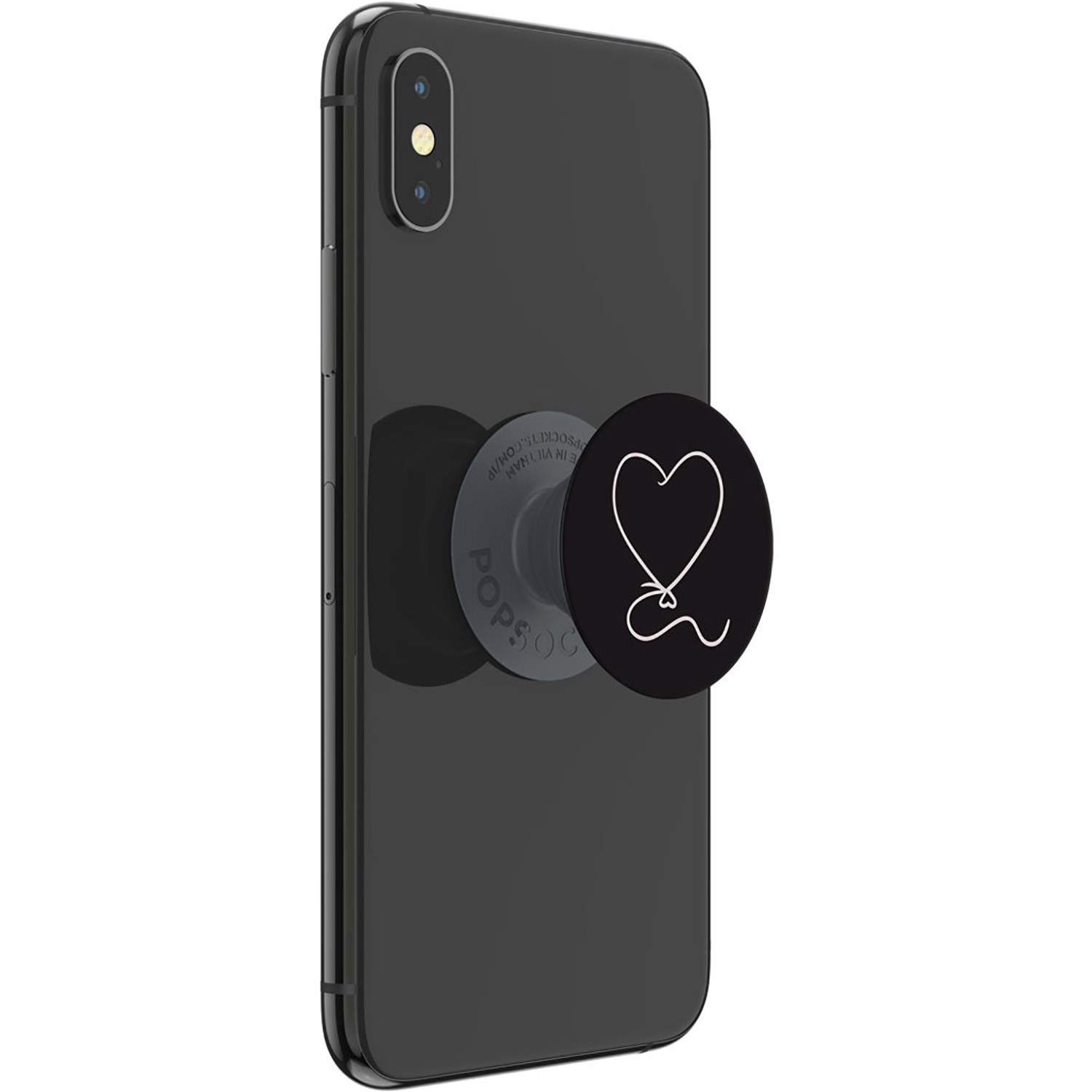 Schwarzes Telefon mit herzförmigem PopSocket. Der PopSocket ist schwarz mit weißem Herzdesign.