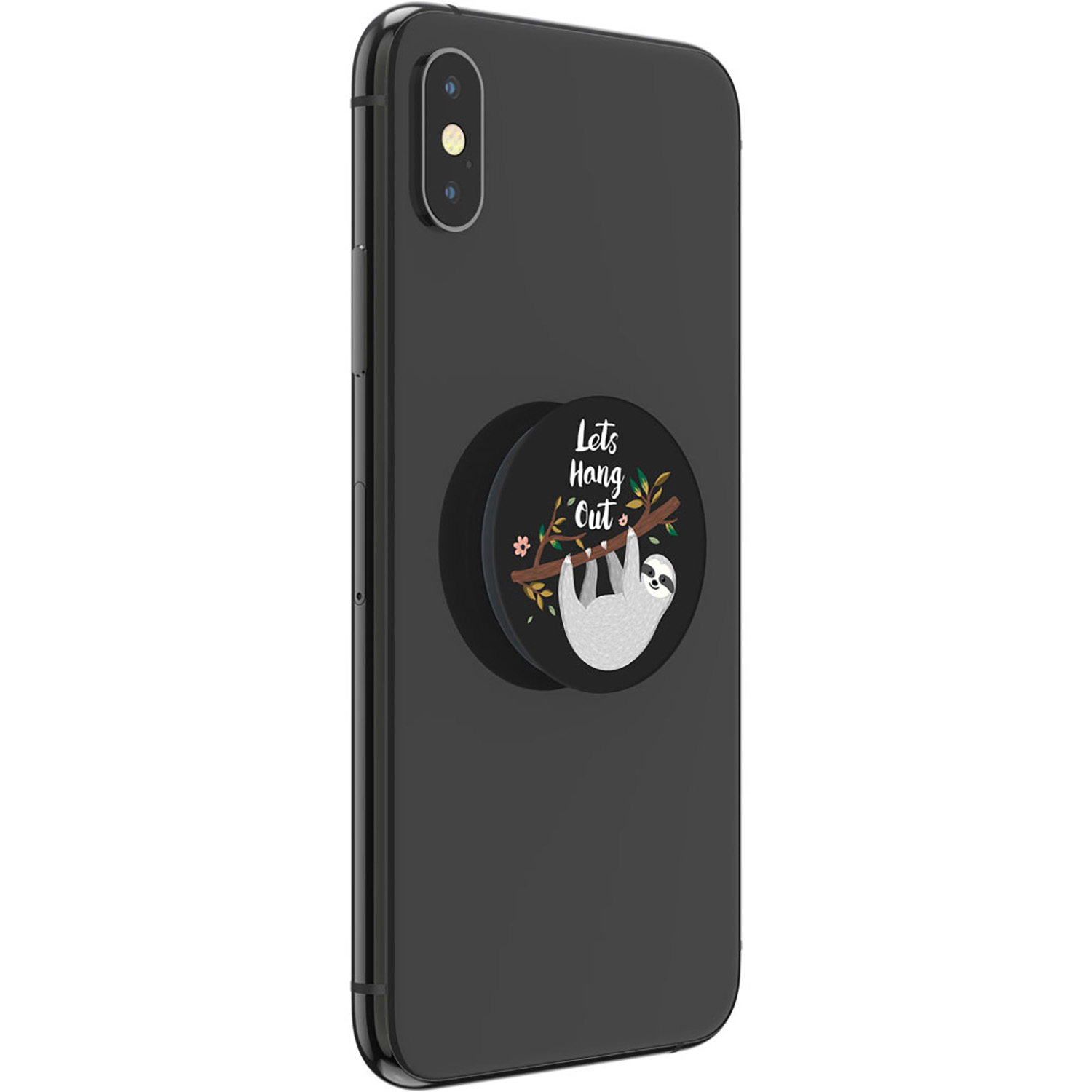 Ein Telefon mit angebrachtem schwarzem Pop-Socket mit einer Faultier-Illustration.