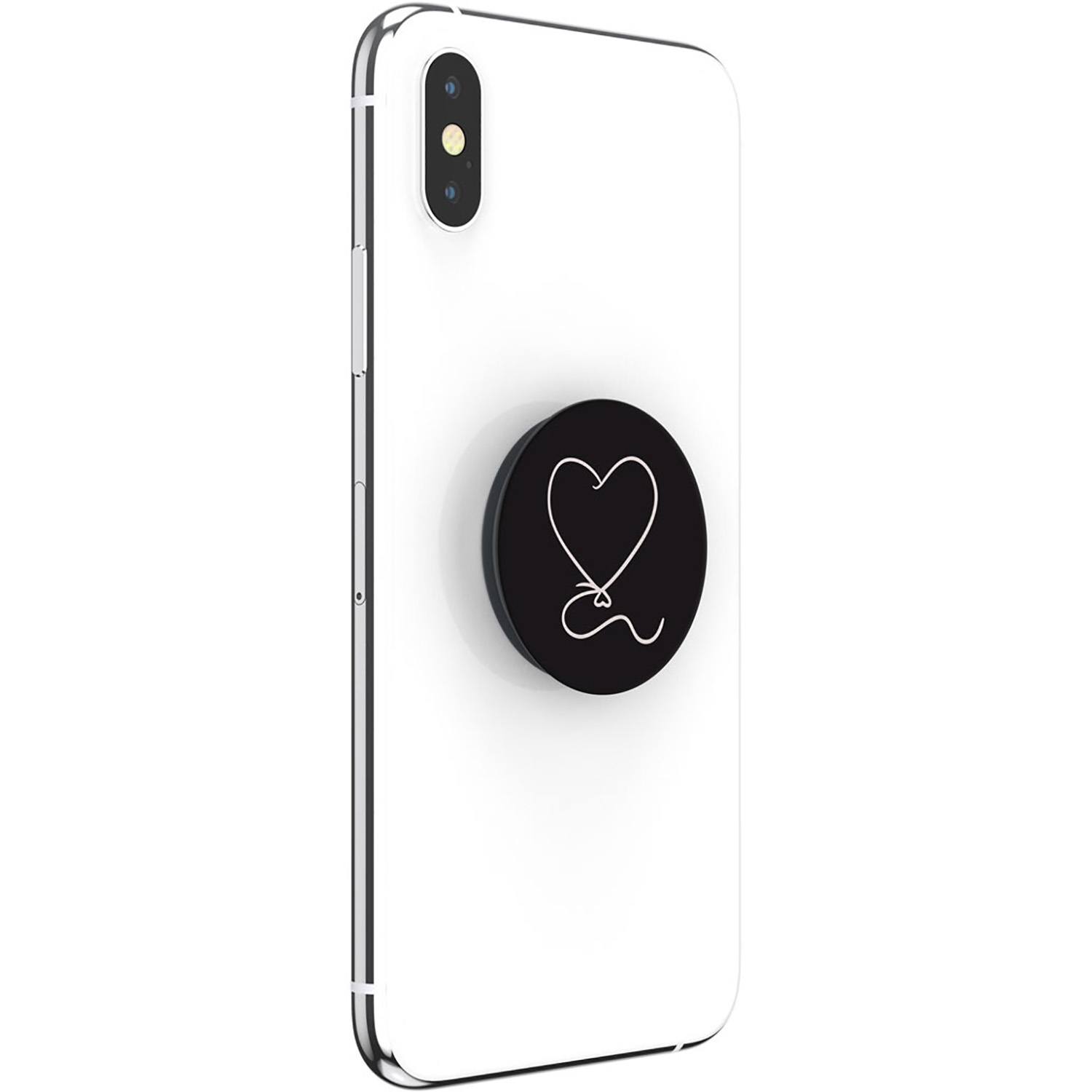 Weißes Smartphone mit einem schwarzen PopSocket. Der PopSocket hat ein weißes Herzdesign.