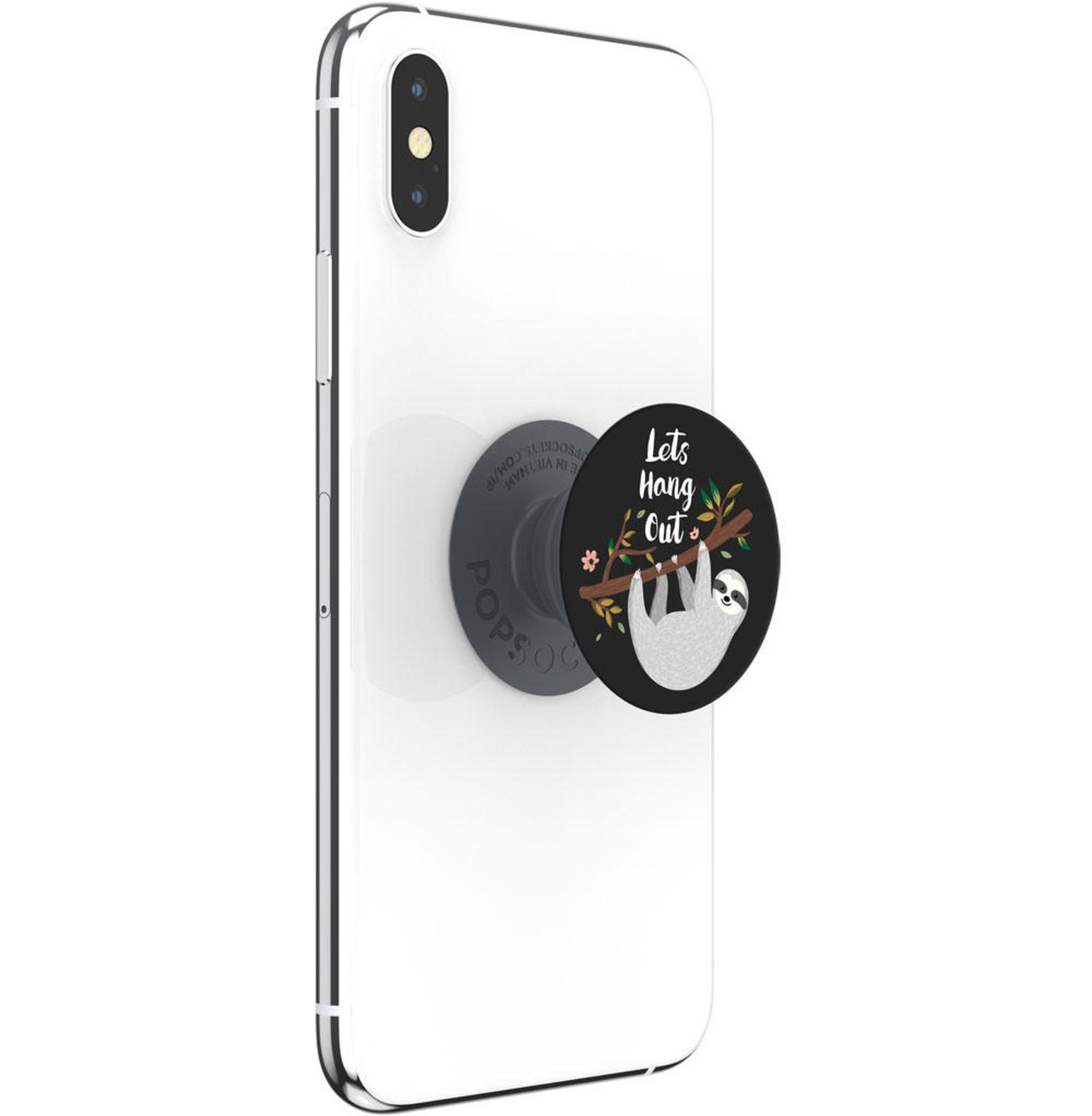 Weißes Telefon mit Popsocket mit 'Lets Hang Out' und einem Faultier darauf.