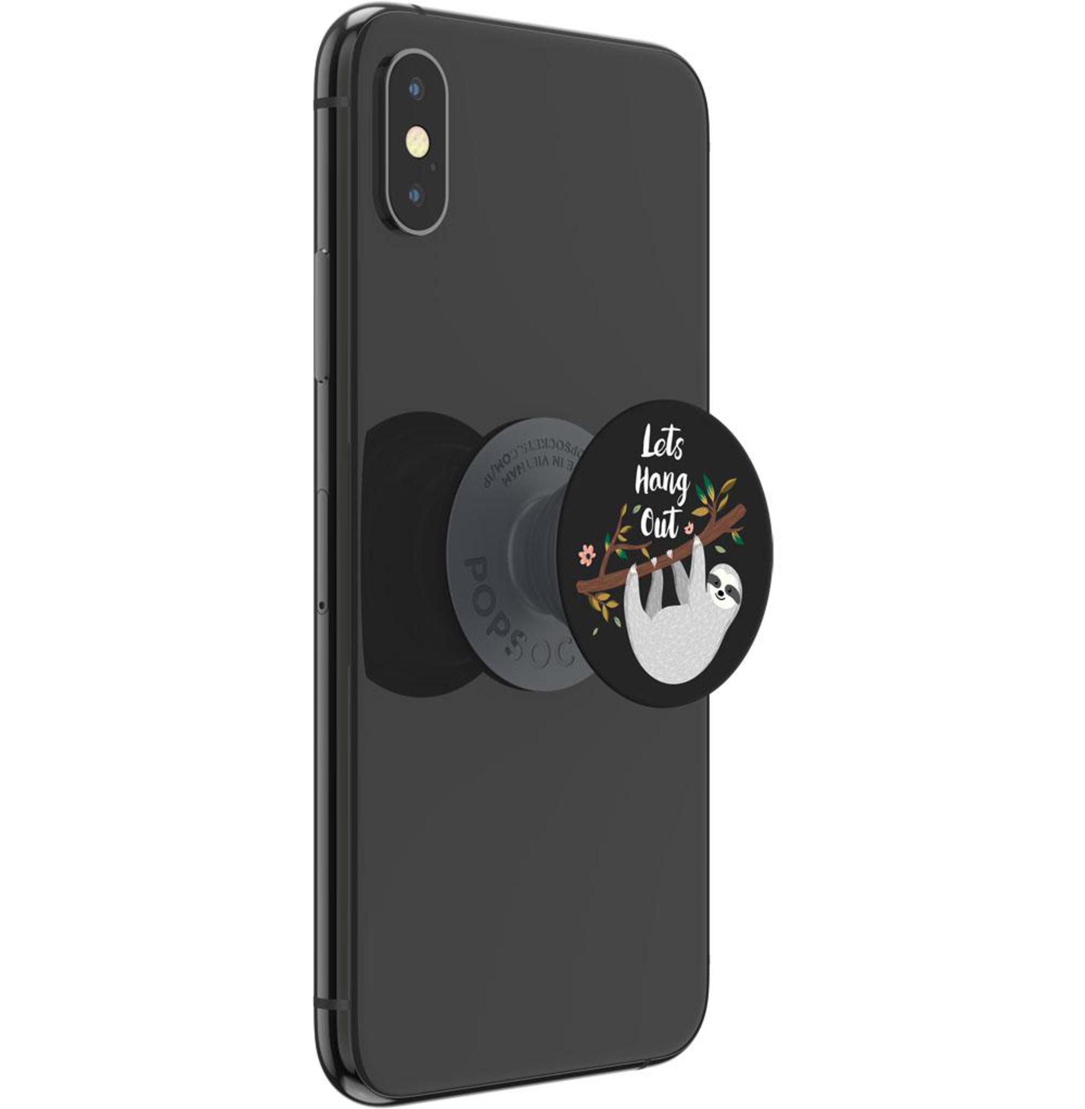 Schwarzes Telefon mit einem PopSocket mit der Aufschrift 'Lets Hang Out'.