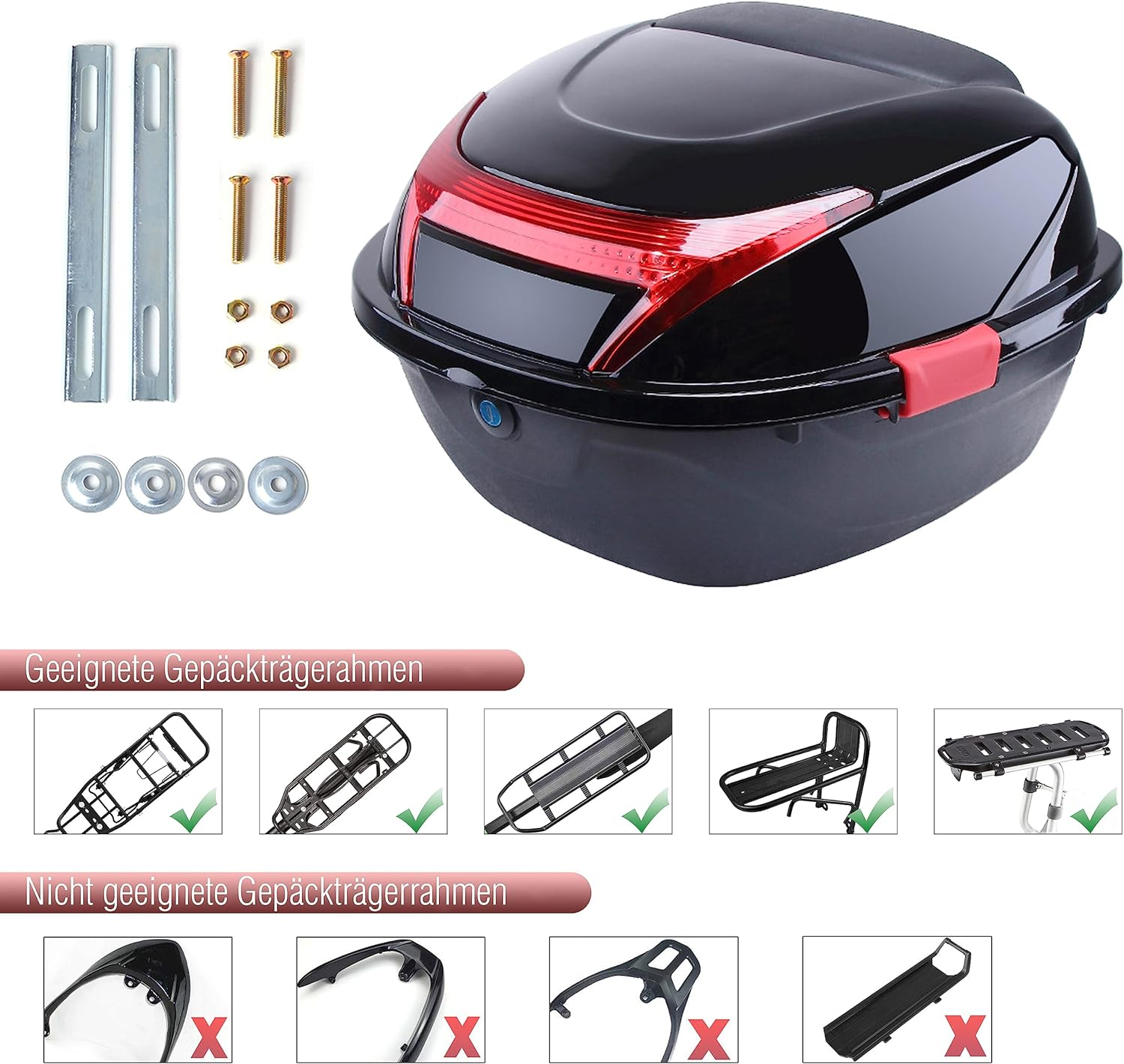 Schwarzer Motorrad-Topcase mit Hardware. Kompatible Träger sind gezeigt. Inkompatible Träger auch gezeigt.