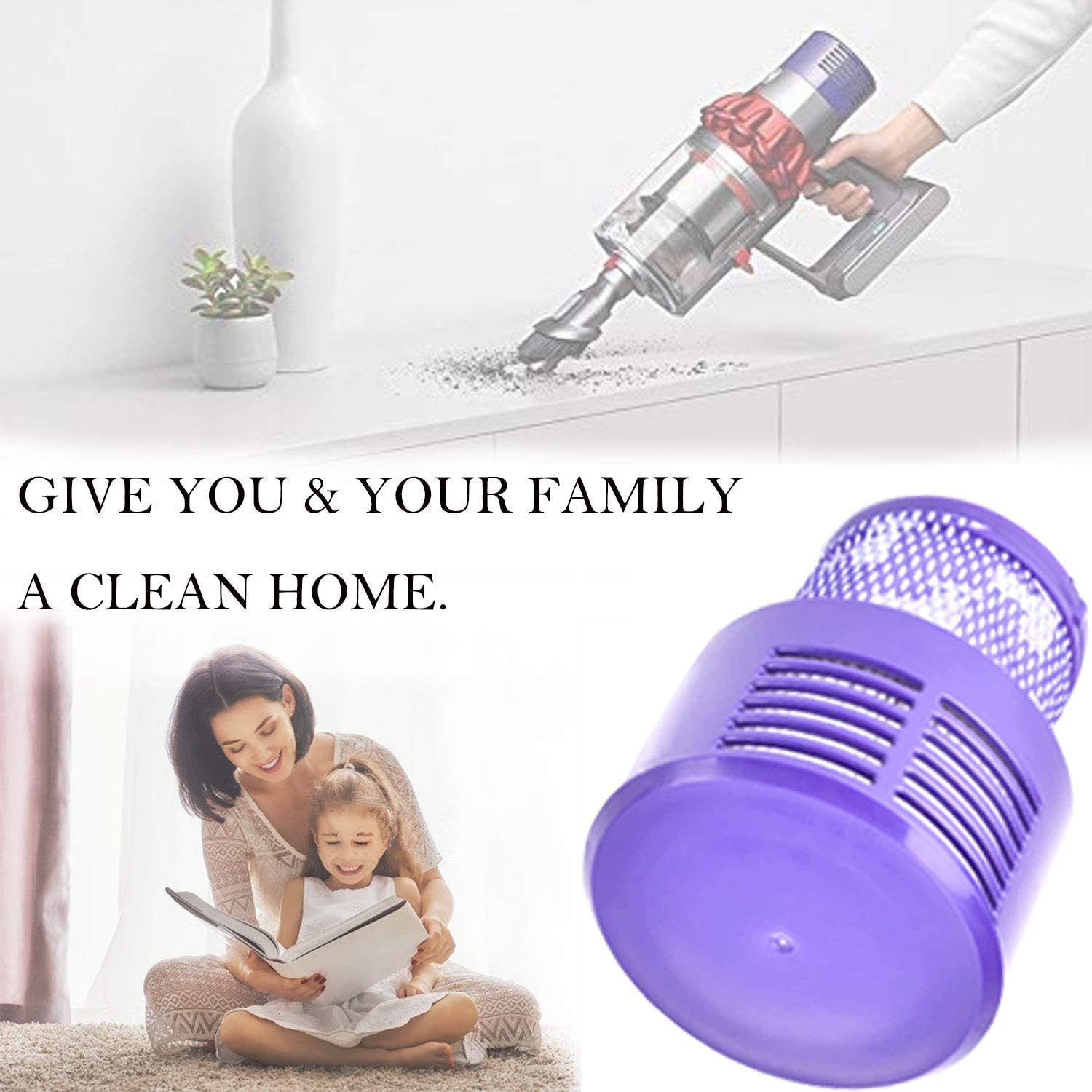 Kobieta i dziecko czytają książkę. Odkurzacz czyści powierzchnię. Pokazany jest fioletowy filtr.