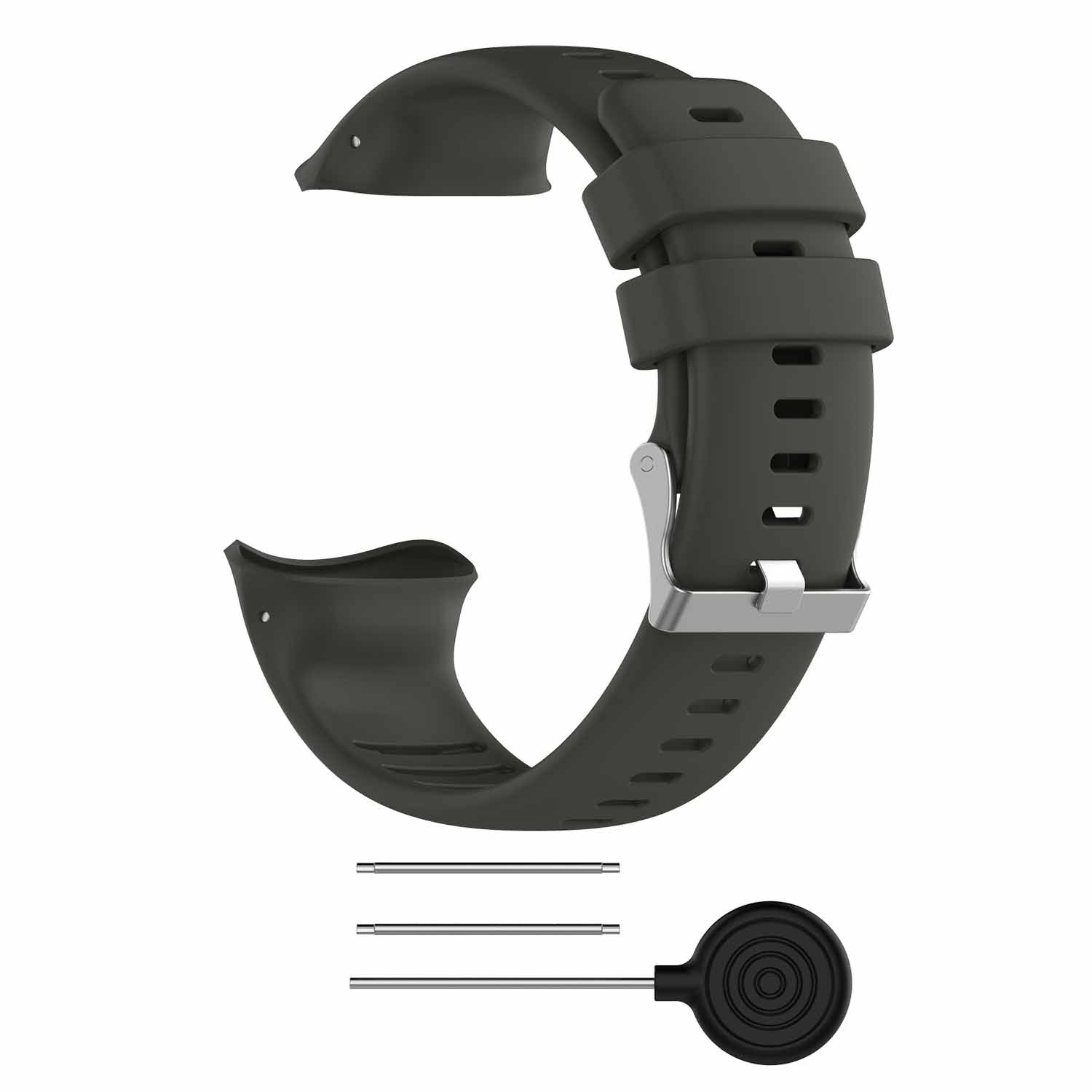 Schwarzes Uhrenarmband mit silberner Schnalle. Drei Metallstifte und ein Werkzeug befinden sich unten.