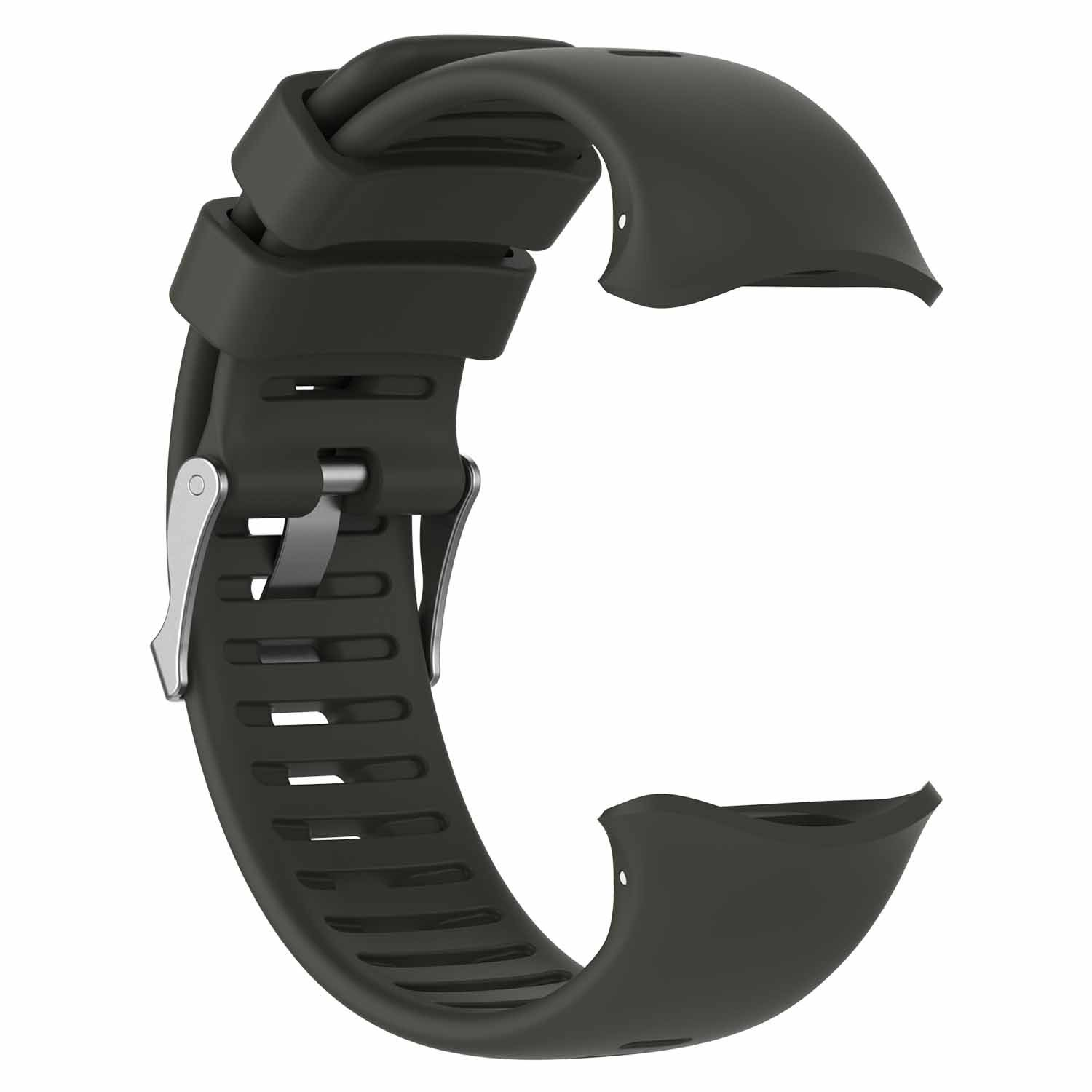 Ein schwarzes Uhrenarmband in C-Form. Es hat einen Metallverschluss und ein strukturiertes Muster.