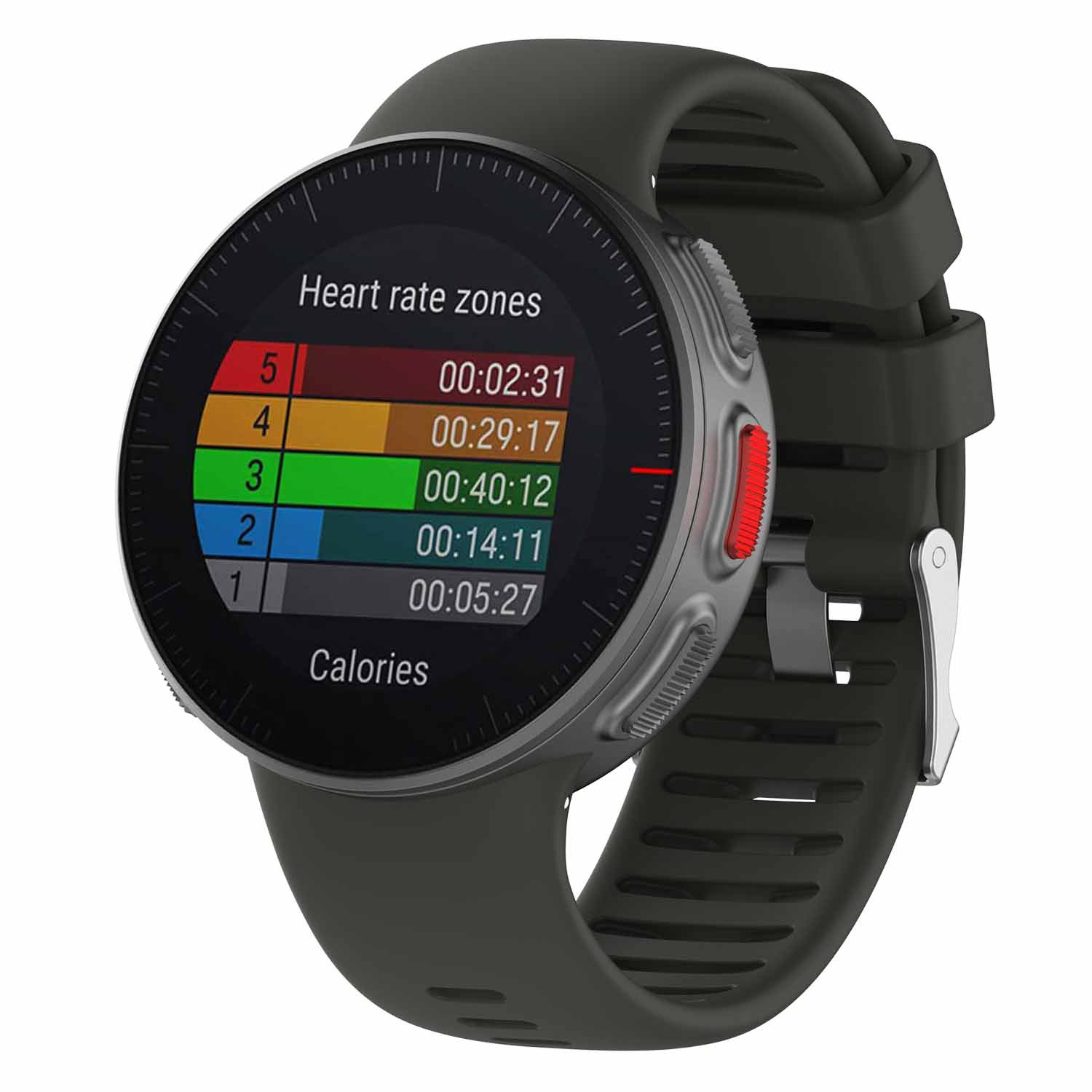 Smartwatch mit Herzfrequenzzonen-Daten. Die Uhr hat ein graues Armband und schwarzes Display.