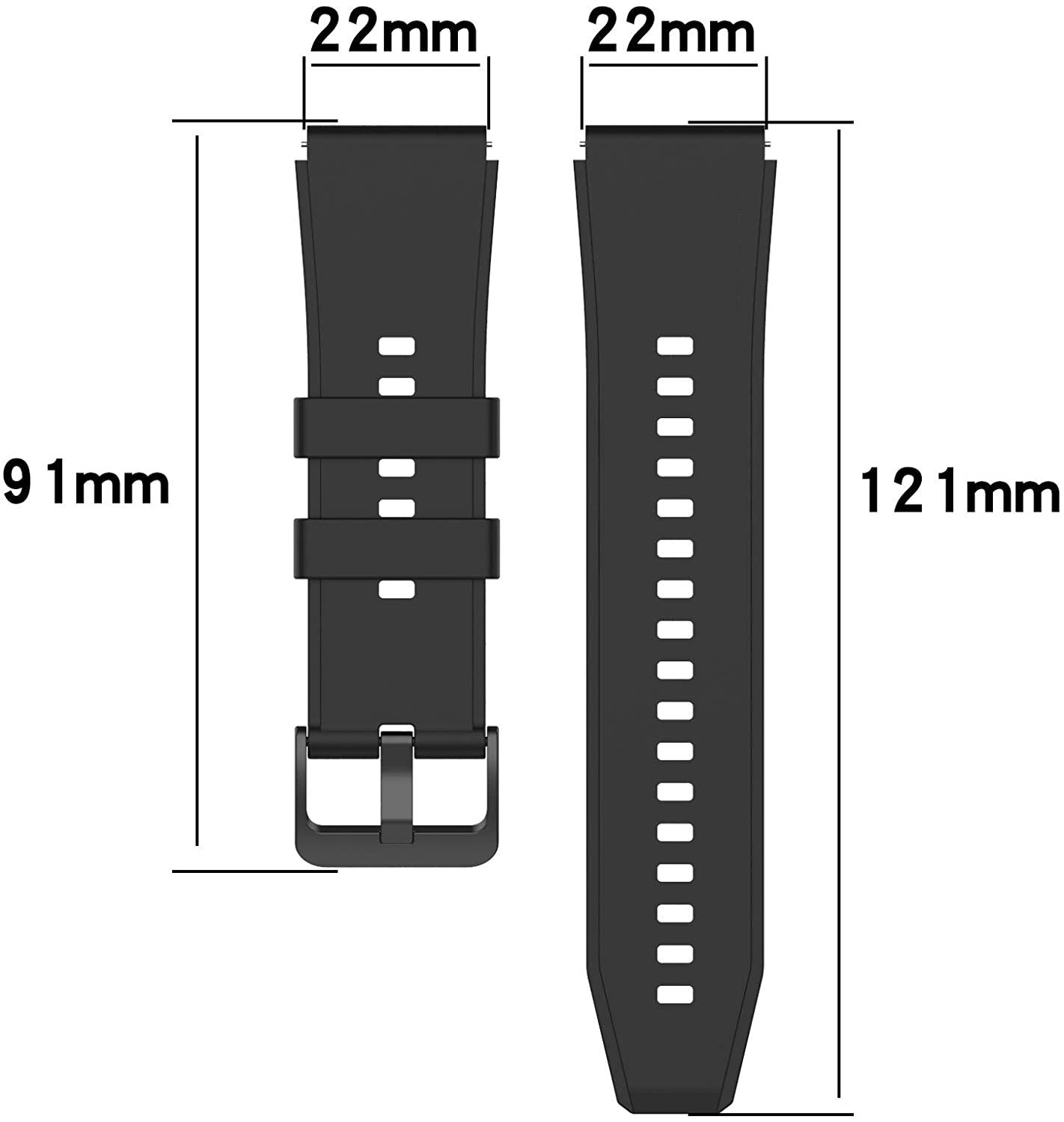 Czarny pasek do smartwatcha z wymiarami: 91mm, 121mm i 22mm.