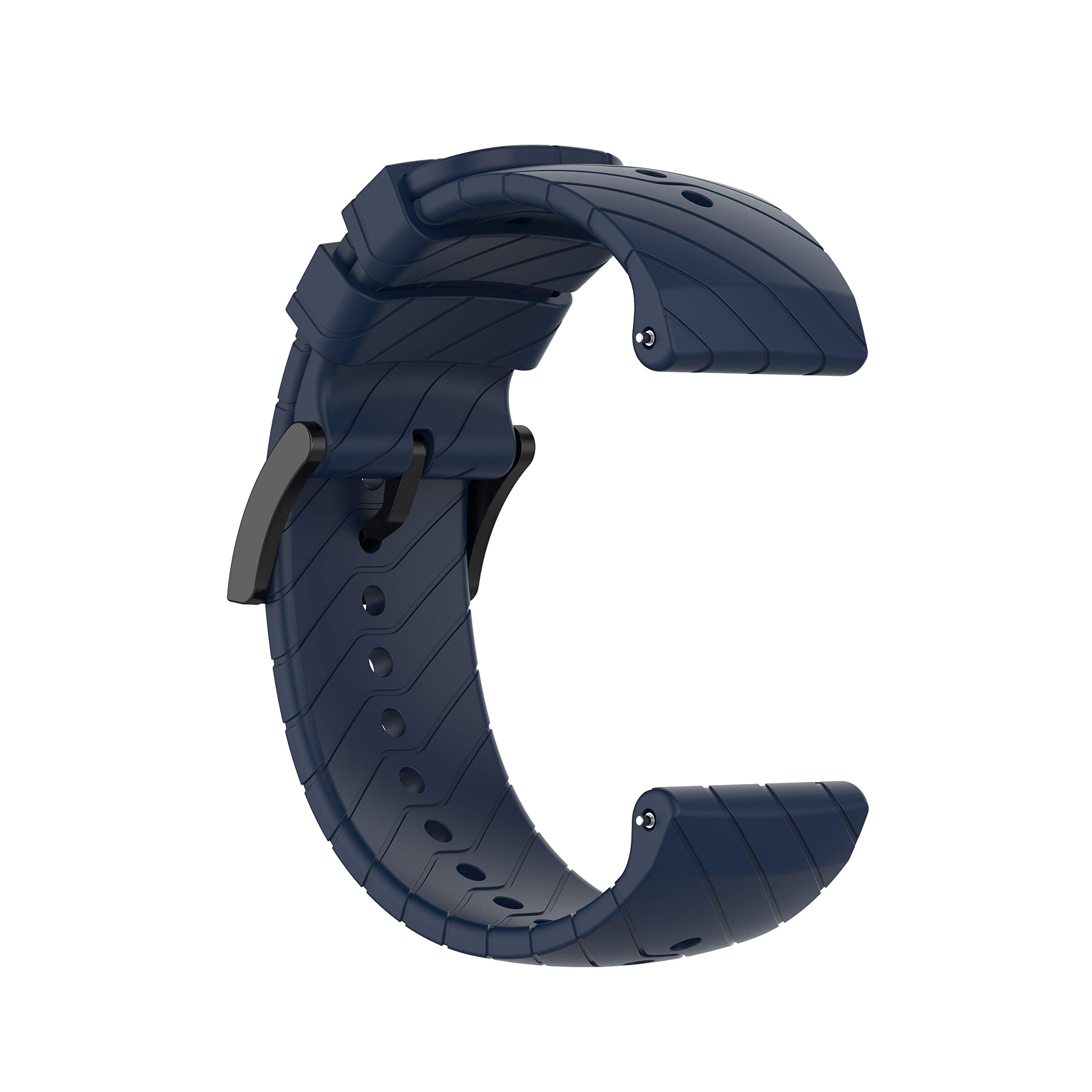 Ein marineblaues Uhrenarmband wird gezeigt. Das Band hat ein gebogenes Design und einen schwarzen Verschluss. Weißer Hintergrund.