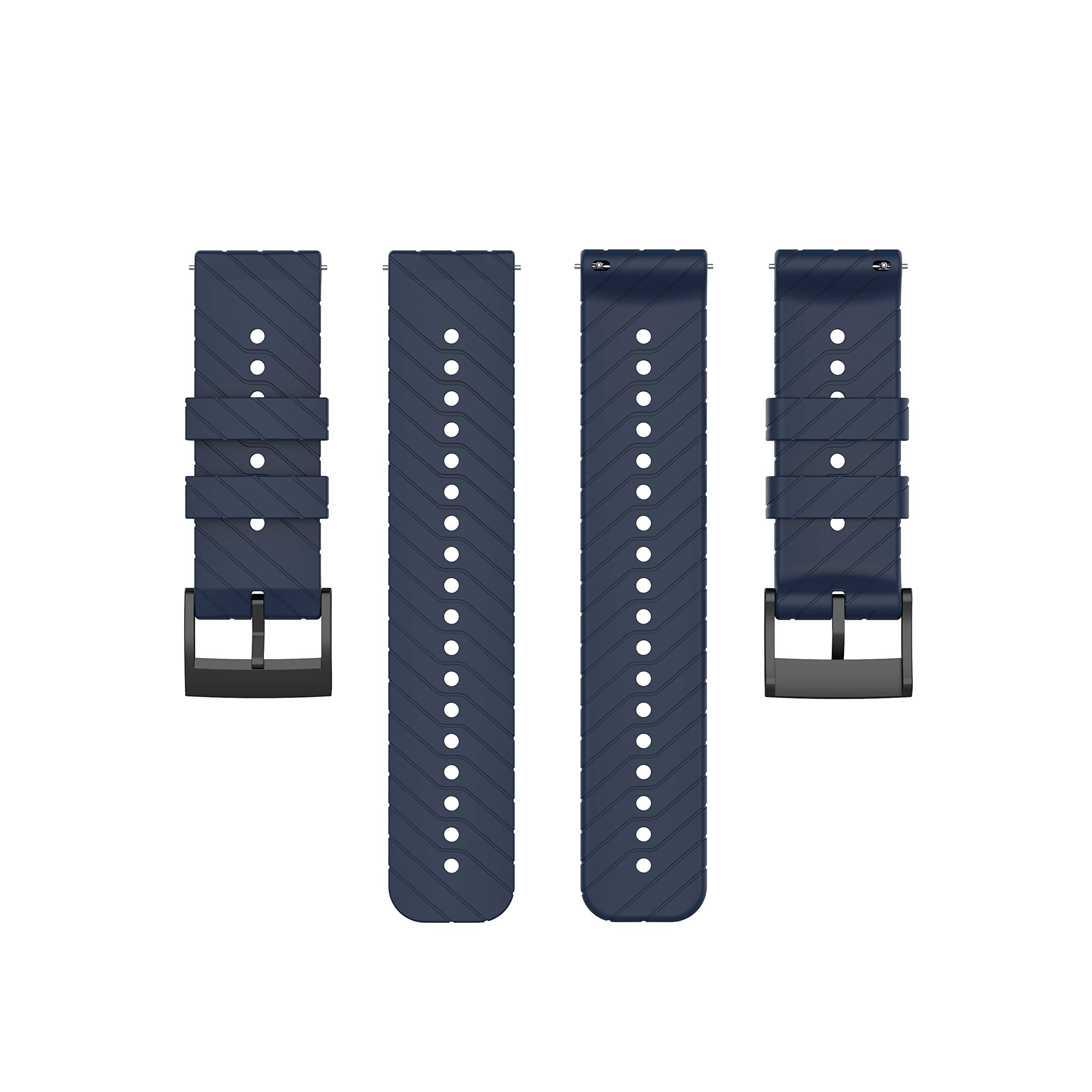 Dunkelblaue Uhrenarmbänder mit schwarzen Schnallen, in einer Produktdarstellung angeordnet.