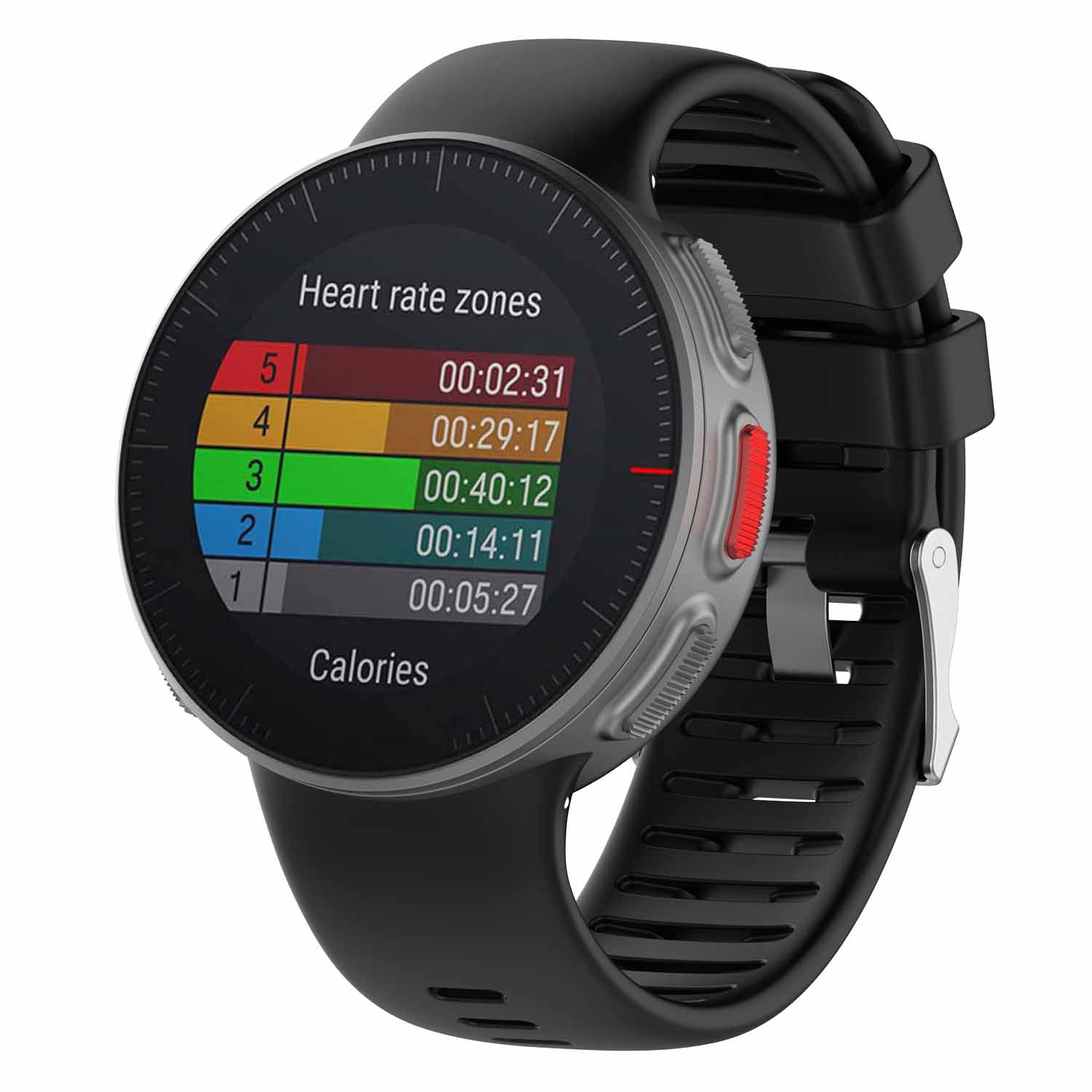 Schwarze Smartwatch mit rundem Display, das Herzfrequenzzonen und Zeit anzeigt.