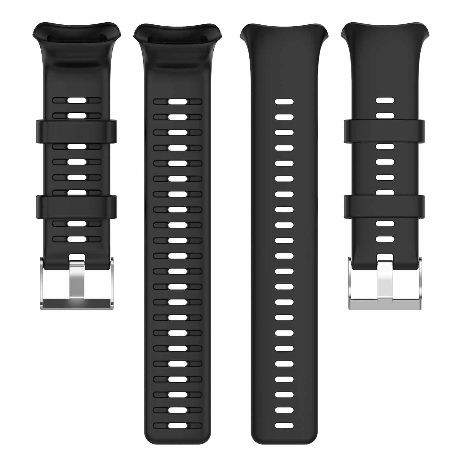 Vier schwarze Armbänder. Zwei sind mit der Uhr verbunden und zwei sind separat.
