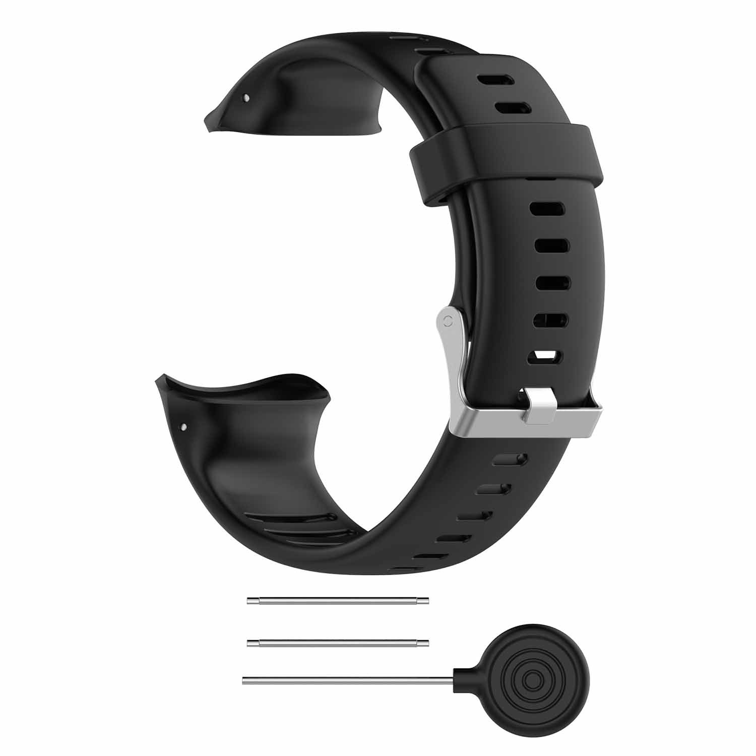 Schwarzes Uhrenarmband mit Schnalle und zusätzlichen Stiften und Werkzeug.