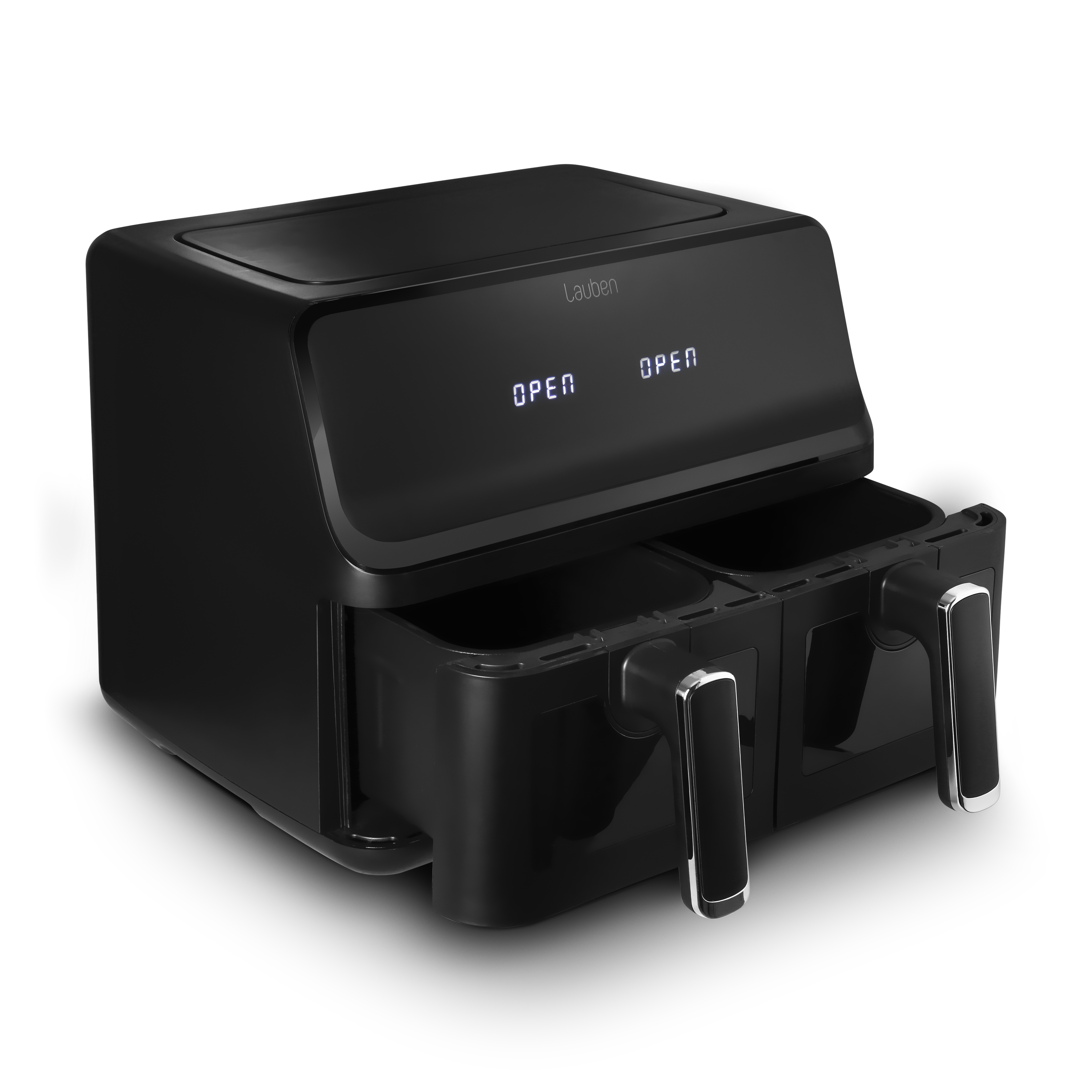 Una friggitrice ad aria nera con la parola APERTO sul display, un cassetto anteriore è aperto.