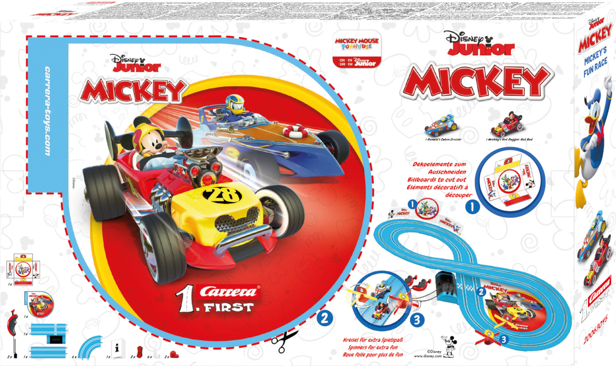 Box-Art eines Mickey Mouse Rennstrecken-Sets, einschließlich Autos und Streckenlayout.
