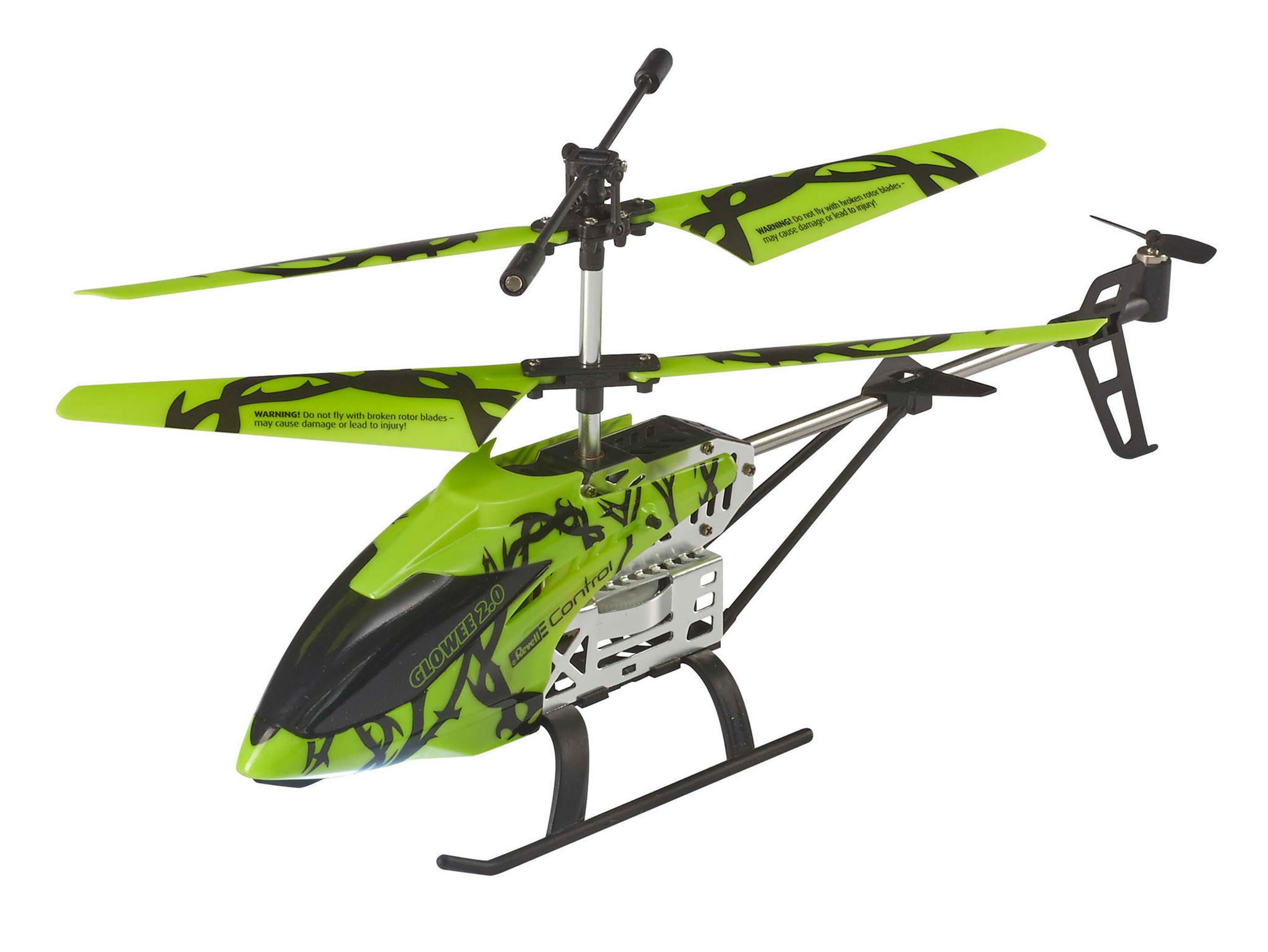 Hélicoptère télécommandé vert et noir.