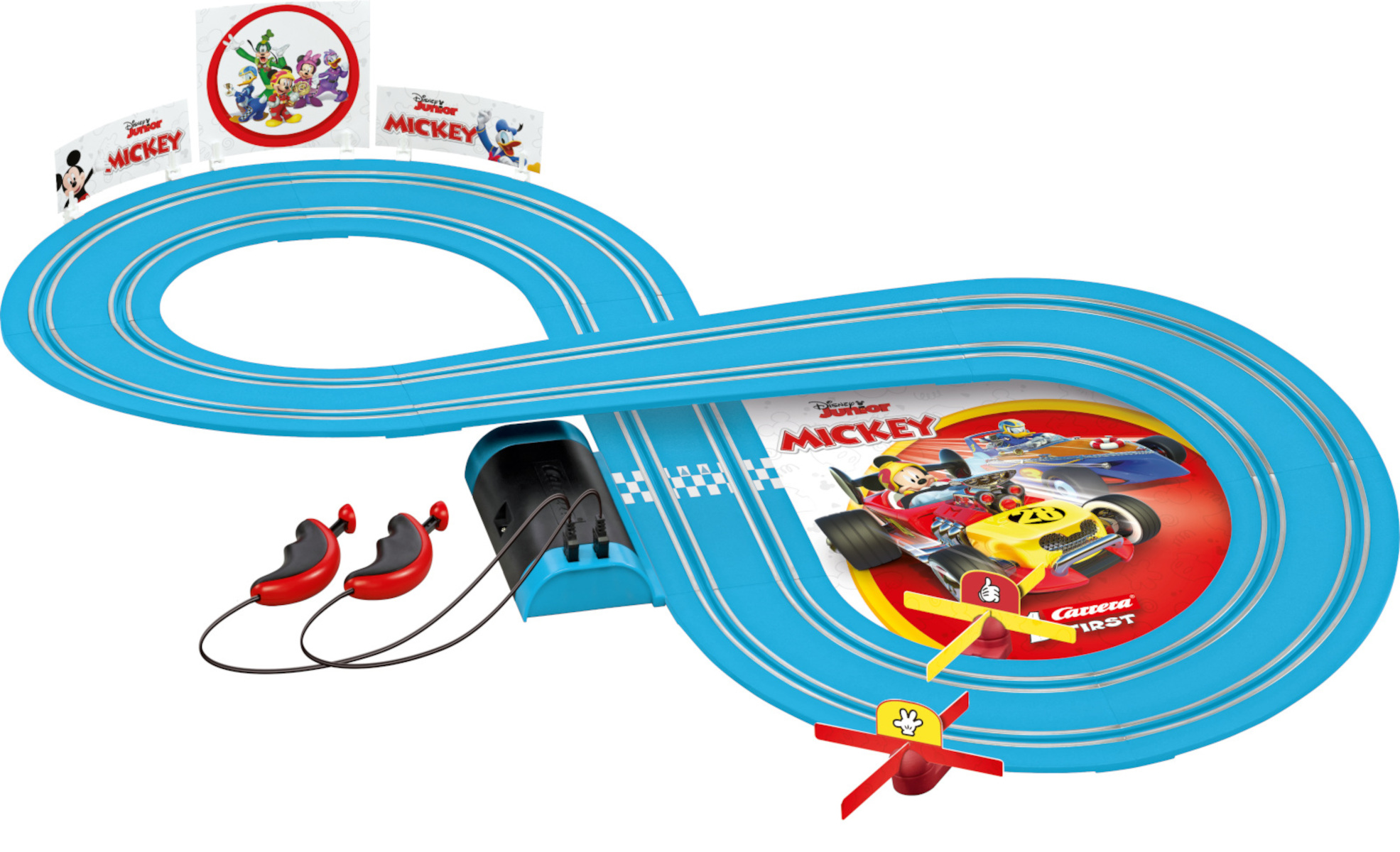 Spielzeug-Rennstrecke mit Mickey Mouse-Motiv. Inklusive Strecke und Autos.