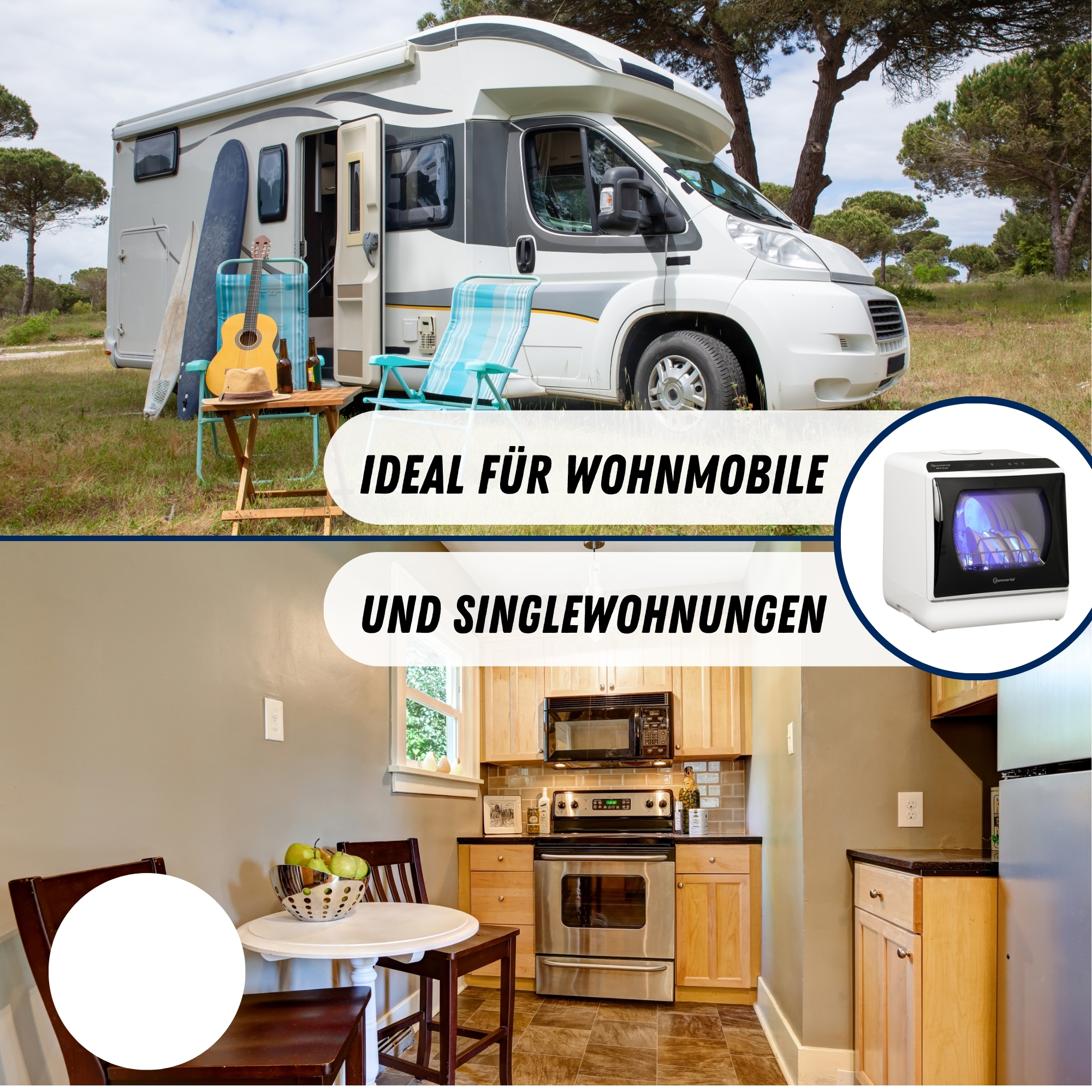 Foto mit Wohnmobil, Küche und Text: 'Ideal für Wohnmobile und Singlewohnungen'.