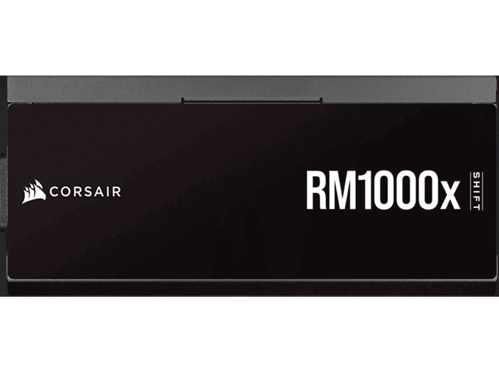 Czarny zasilacz Corsair RM1000x SHIFT. Nazwa i marka są widoczne.