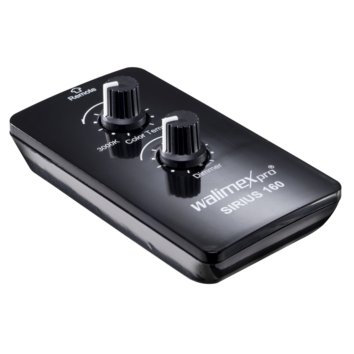 Schwarzes Bedienfeld mit zwei Knöpfen: Remote und Color Temp. Beschriftung: 'walimexpro SIRIUS 160'.
