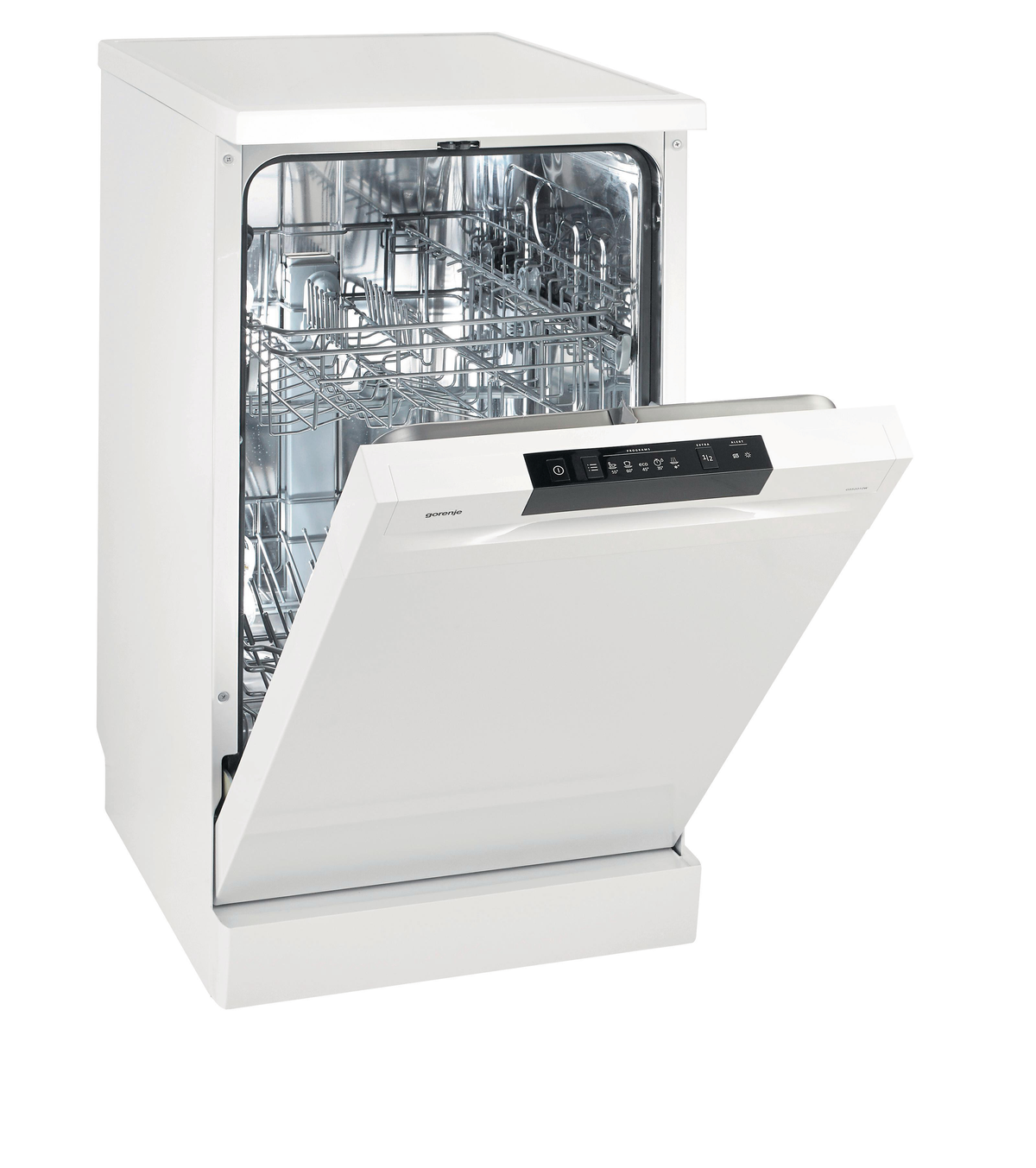 Biała zmywarka z otwartymi drzwiami, pokazująca wewnętrzne kosze.