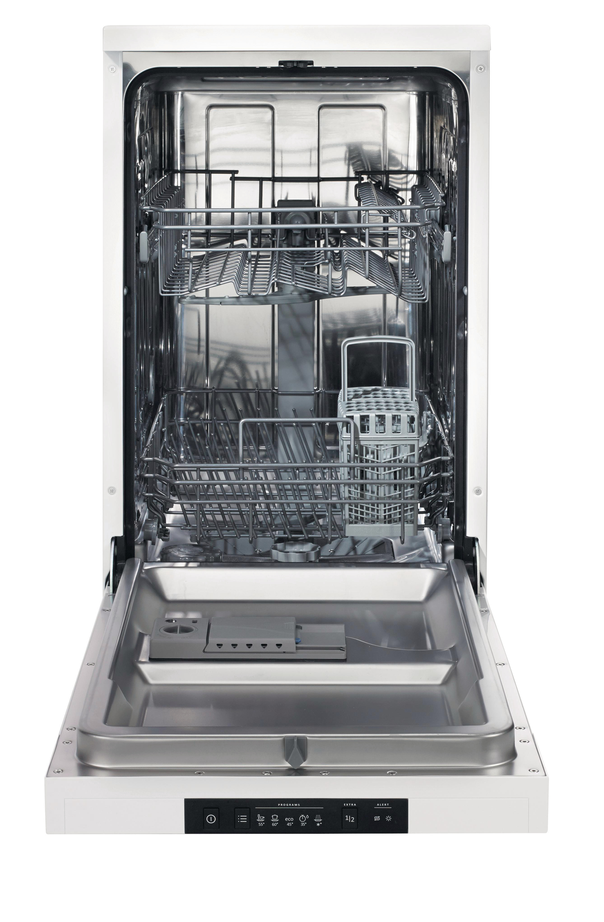 Biała zmywarka z otwartymi drzwiami, ukazująca wnętrze i kosze.