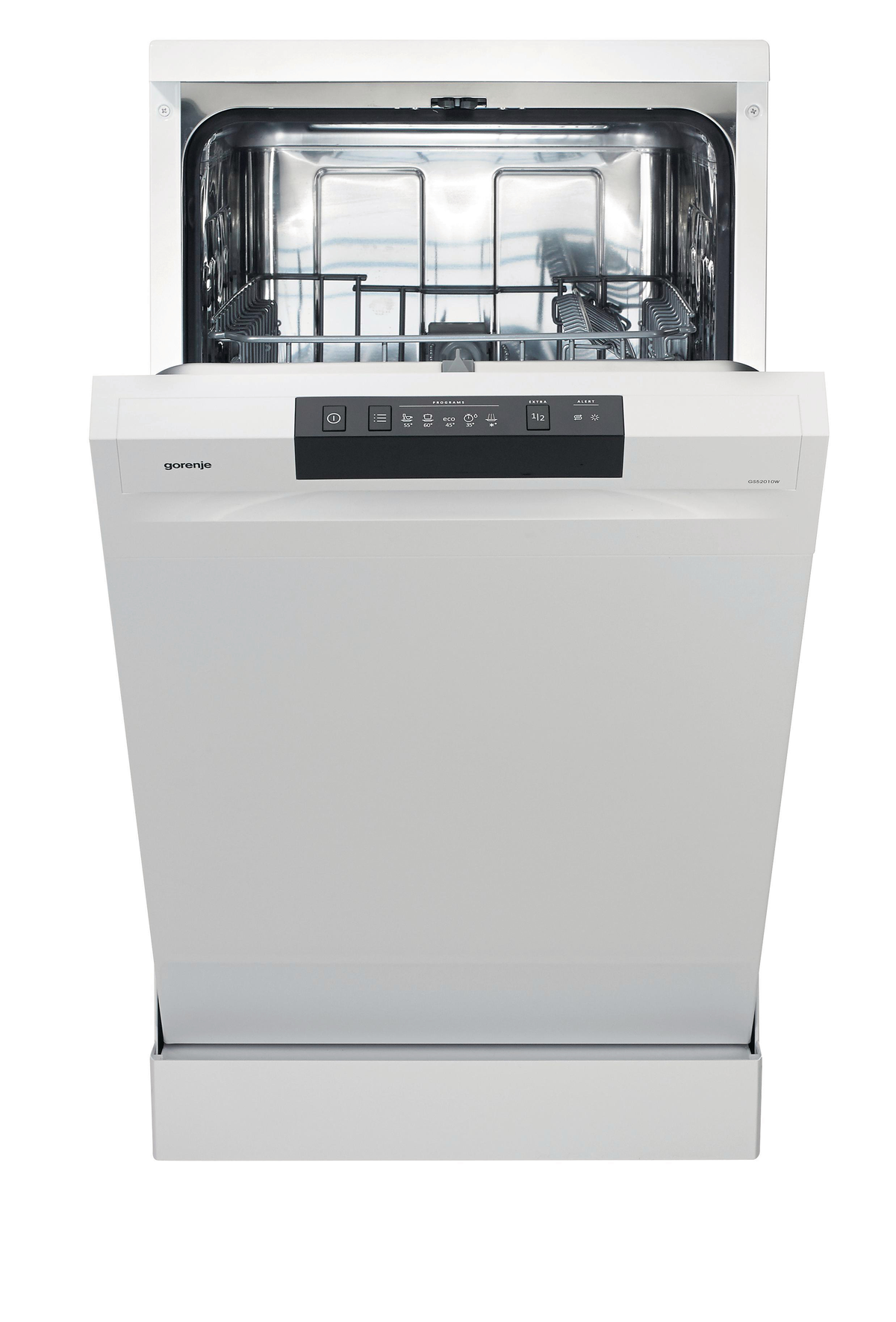 Biała zmywarka z otwartymi drzwiami. Widoczny panel sterowania. Na białym tle.