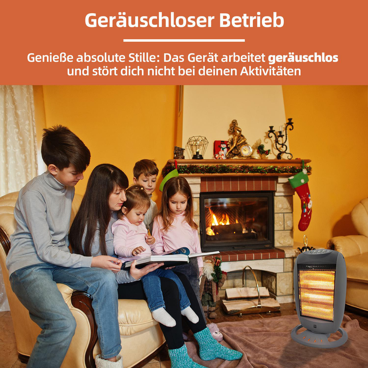 Una famiglia è riunita attorno a un termoventilatore. Stanno leggendo un libro e la scena è in interni.