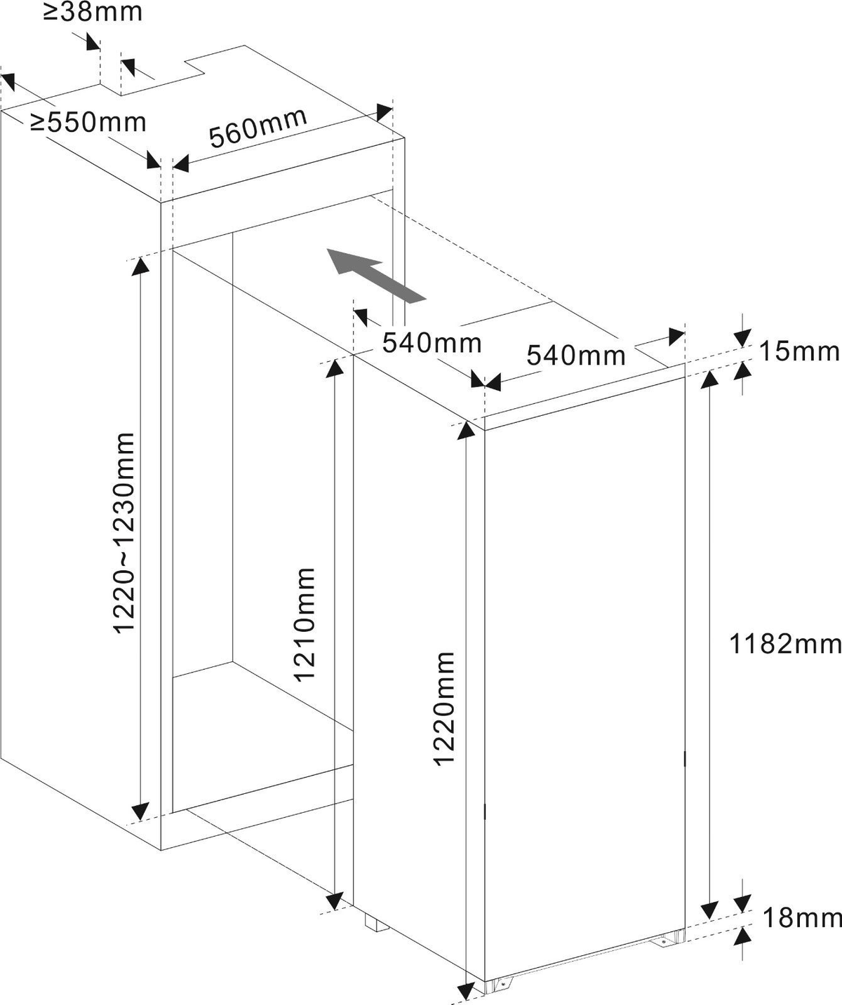 Isometrische Ansicht eines Schranks mit Maßangaben. Der Schrank besteht aus zwei Teilen, von denen einer herausgeschoben wird.