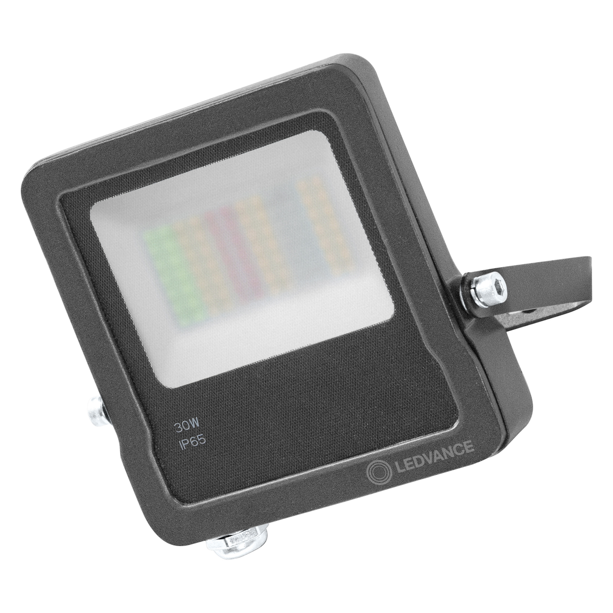Un faro a LED nero con un pannello luminoso bianco. È etichettato 30W IP65 e ha il marchio LEDVANCE.