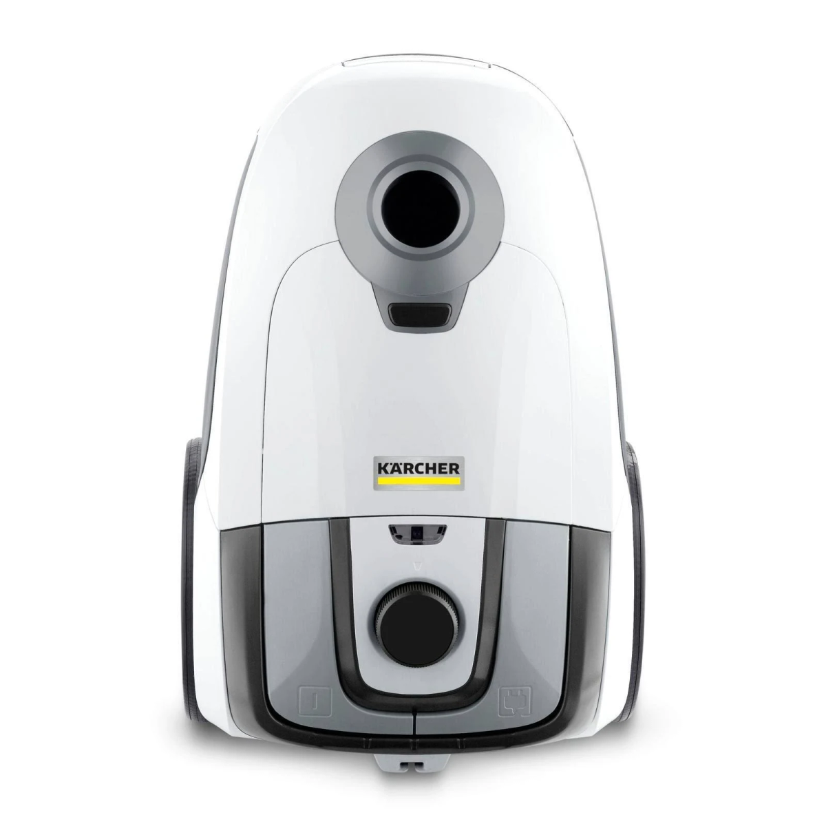 Biały odkurzacz Kärcher, widok z przodu. Czarny pokrętło i szare akcenty.