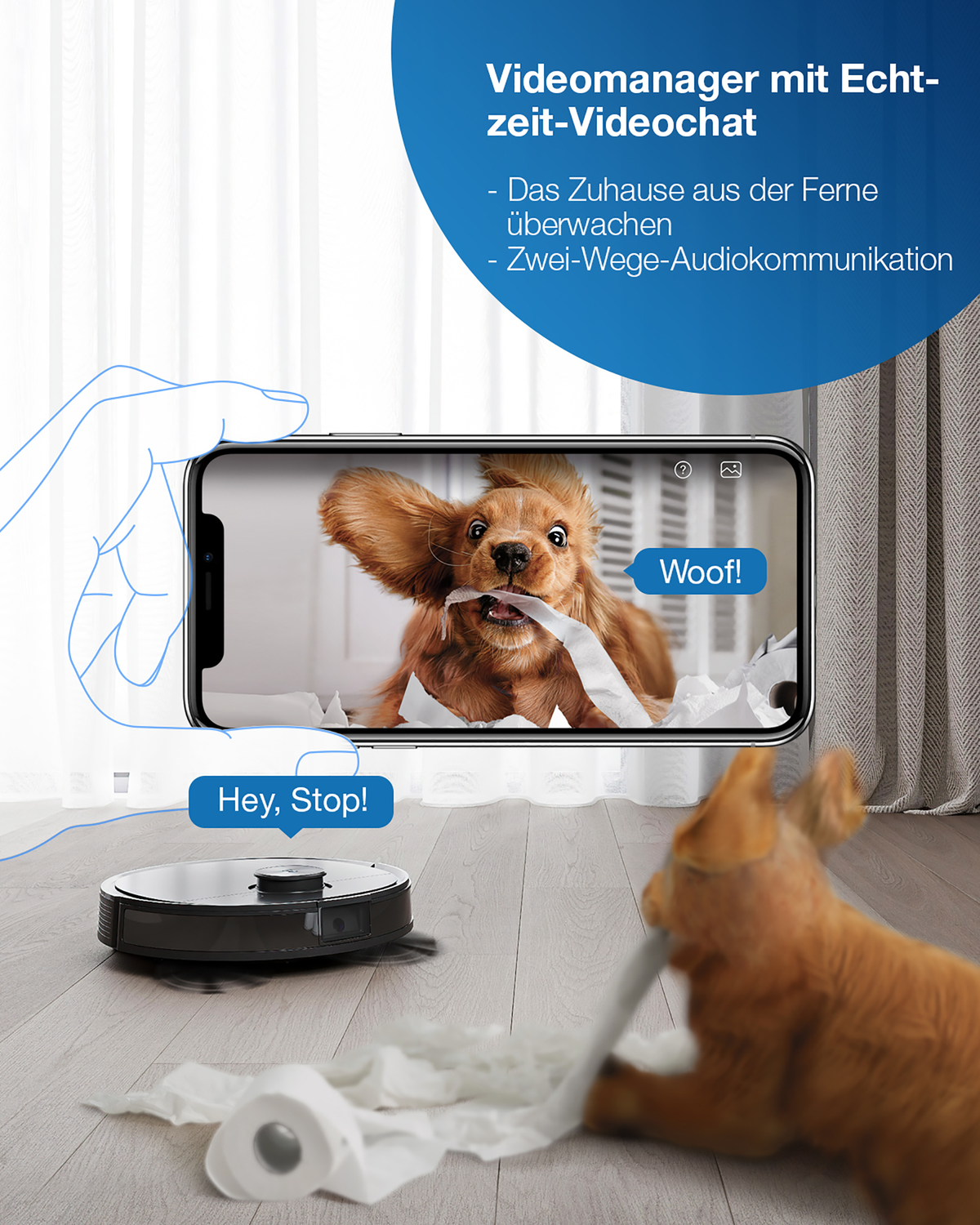 Ein Smartphone-Bildschirm zeigt einen Welpen mit Papier. Ein schwarzer Roboterstaubsauger reinigt.