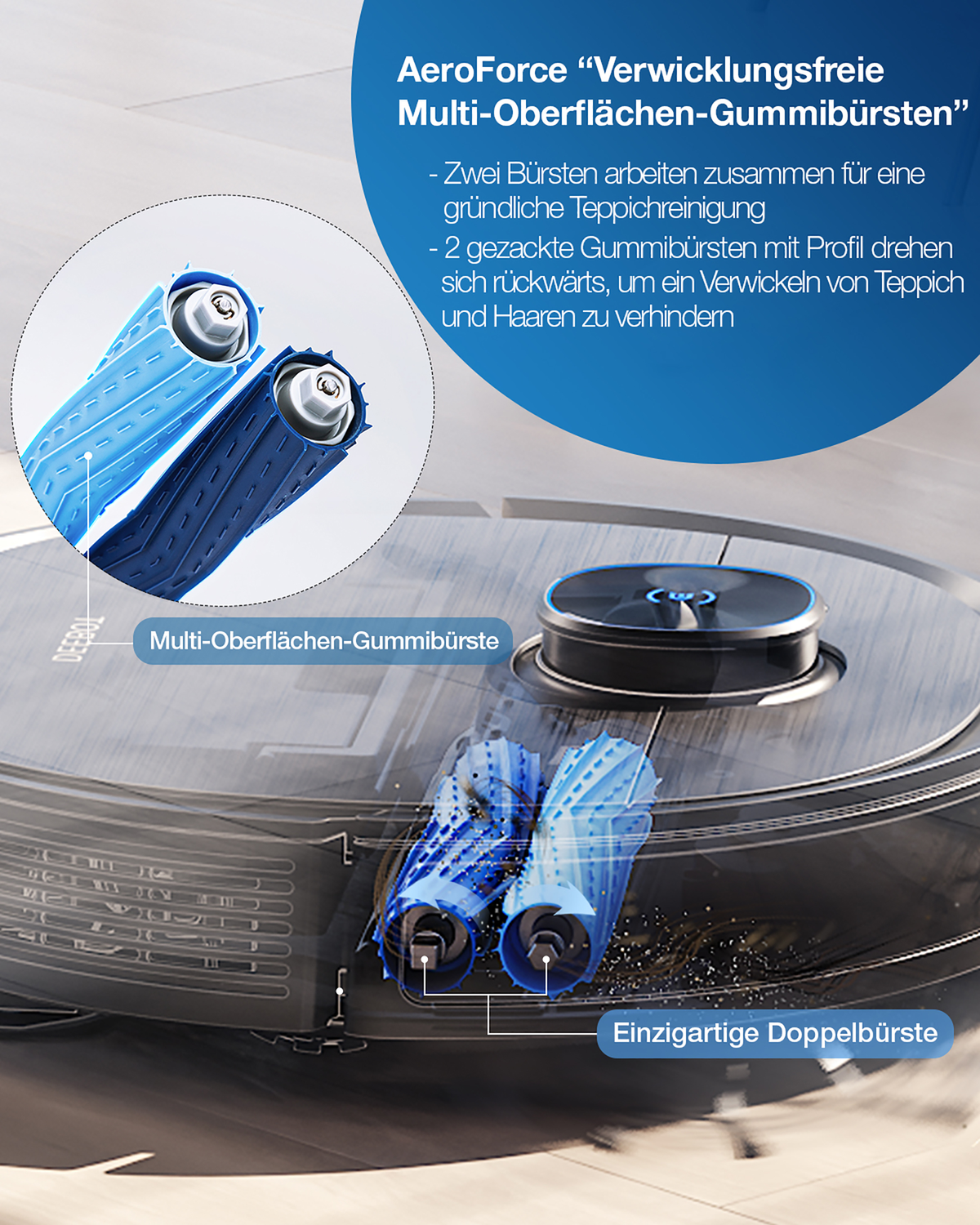 Robot-Staubsaugerteile gezeigt. Doppelbürsten und eine zentrale Einheit werden detailliert hervorgehoben.