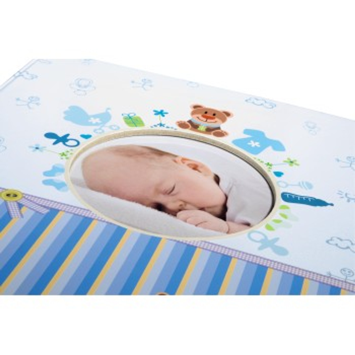 Twarz dziecka widoczna przez ramkę zdjęcia, otoczona dekoracjami dla dzieci.