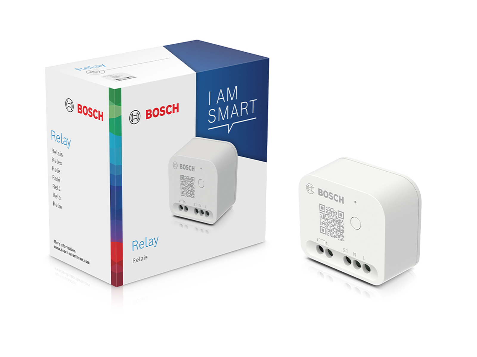 Boîte et appareil relais Bosch. Boîte blanche avec nom du produit et code QR. Appareil blanc avec logo Bosch.