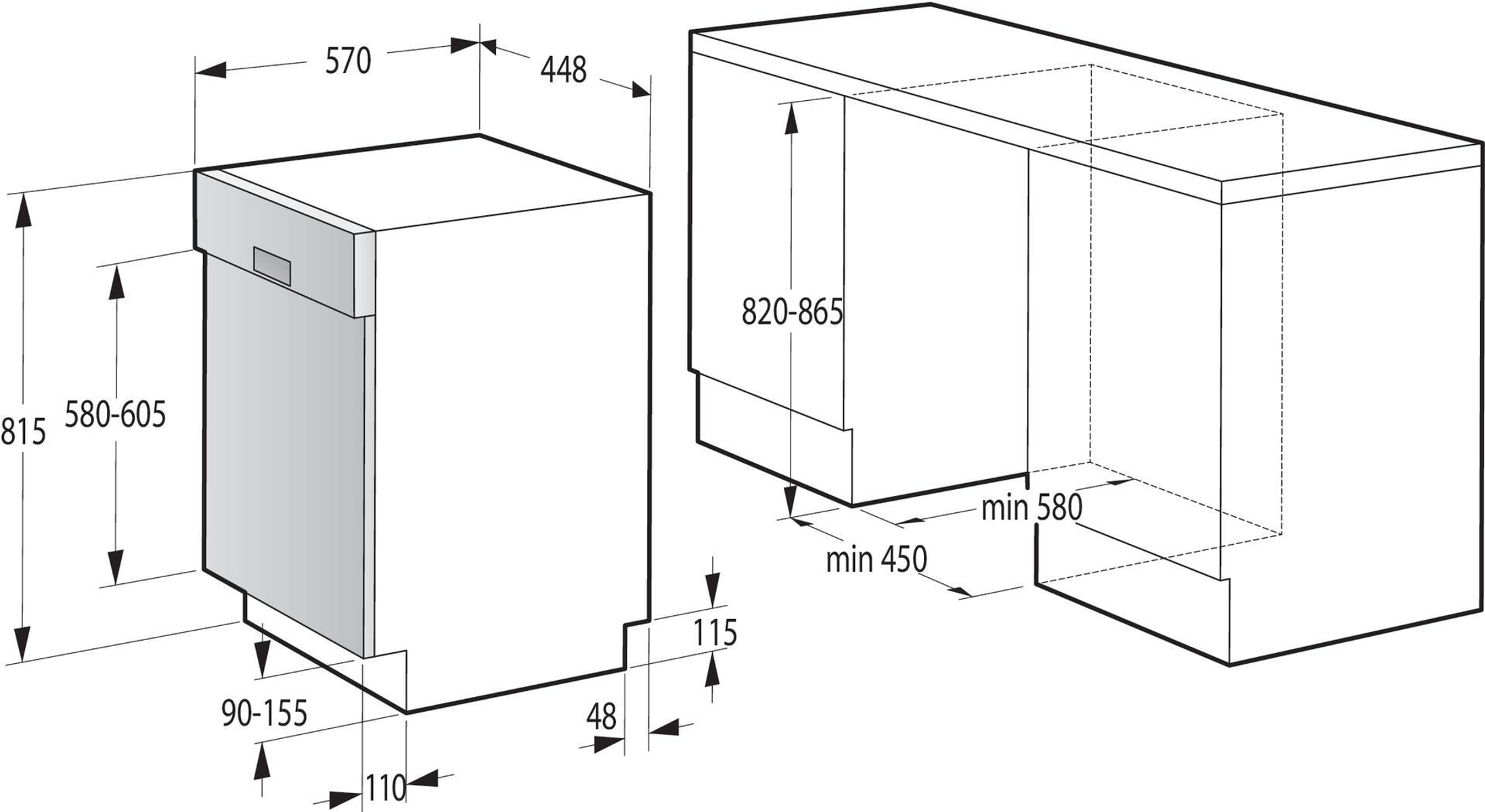 Diagramm eines Einbaugeschirrspülers mit Abmessungen in Millimetern.