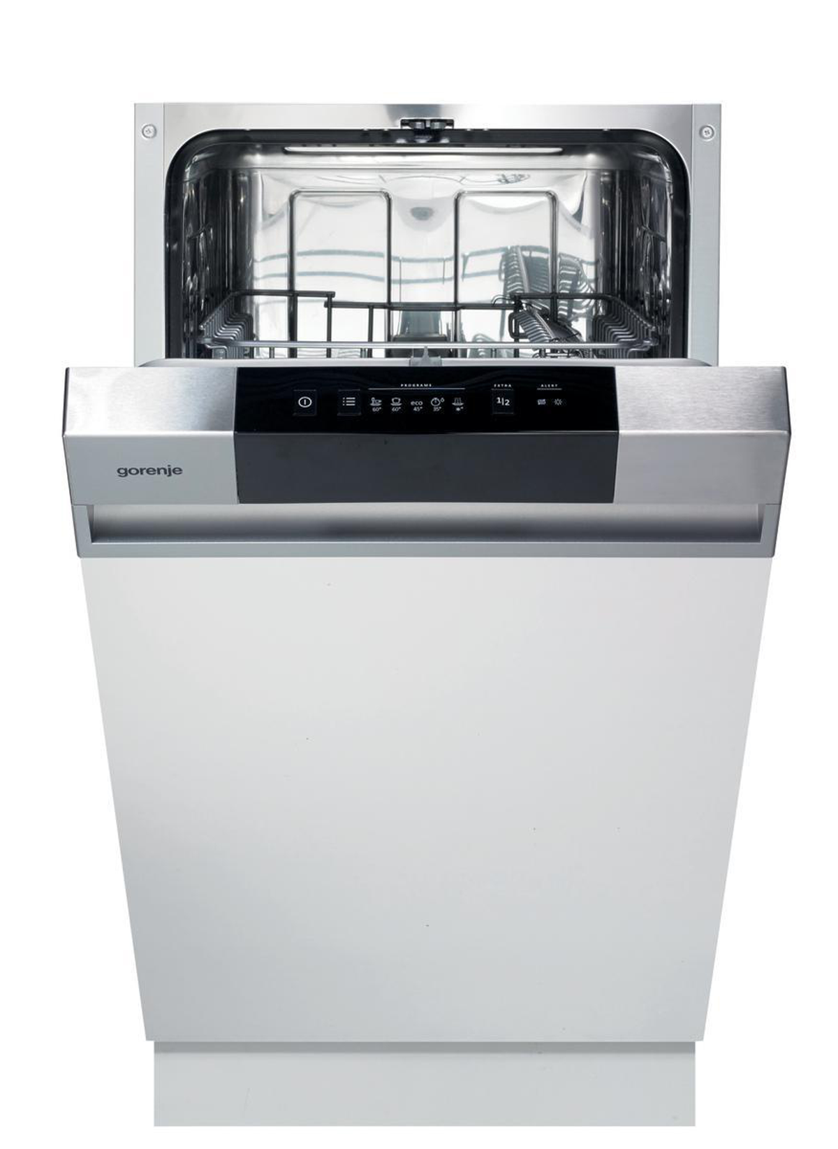 Weißer Gorenje Geschirrspüler mit offener Tür. Bedienfeld oben.