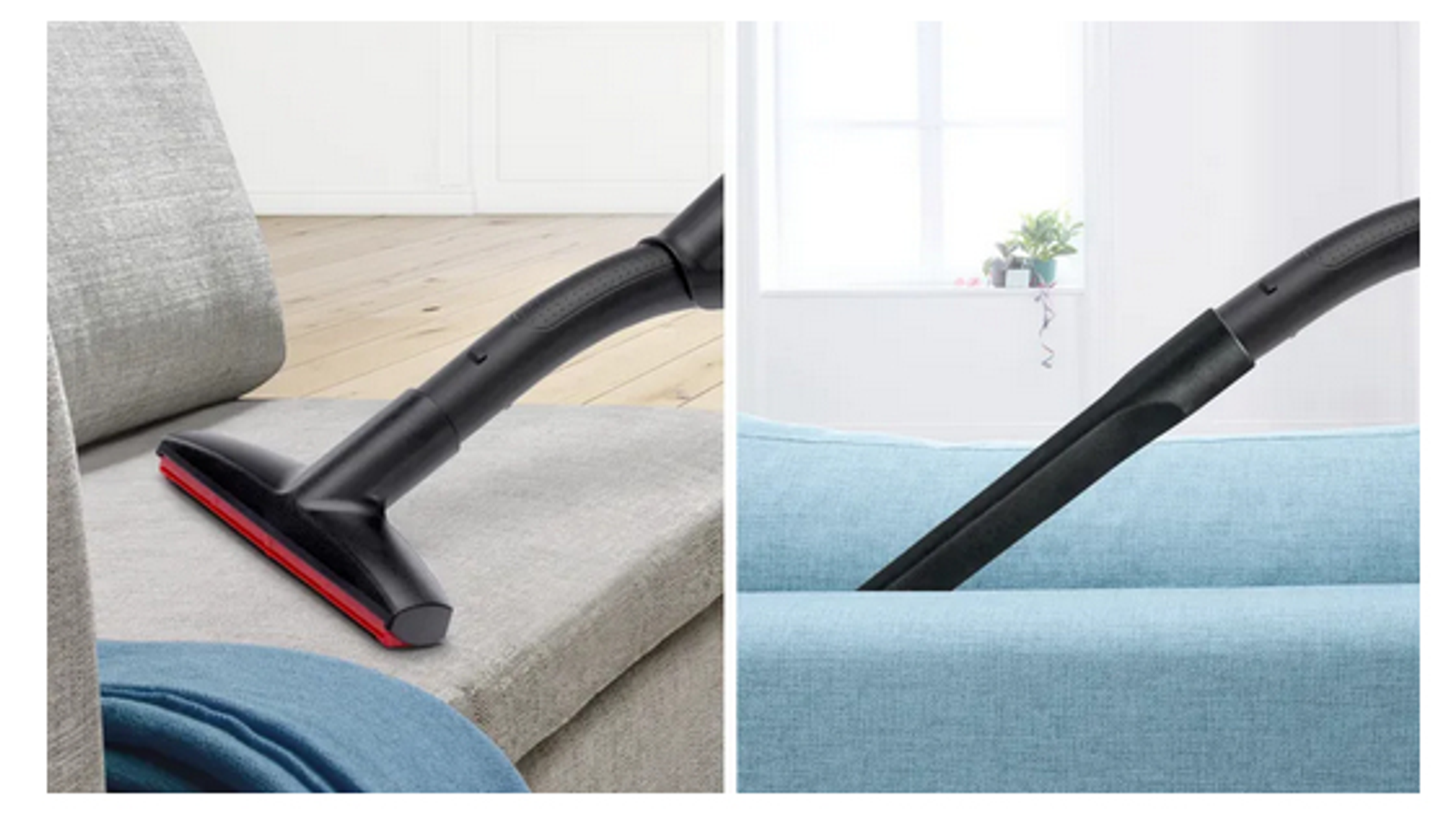 Dwa obrazy głowicy odkurzacza czyszczącej sofę. Widoczna jest głowica i sofa.