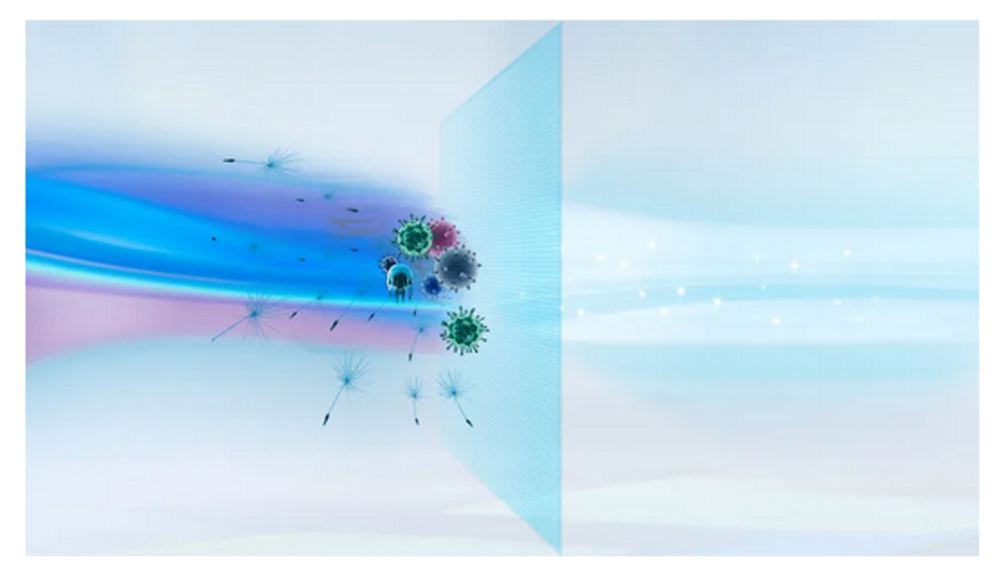 Abstrakcyjny obraz filtrowanych cząstek z niebieskim panelem świetlnym.