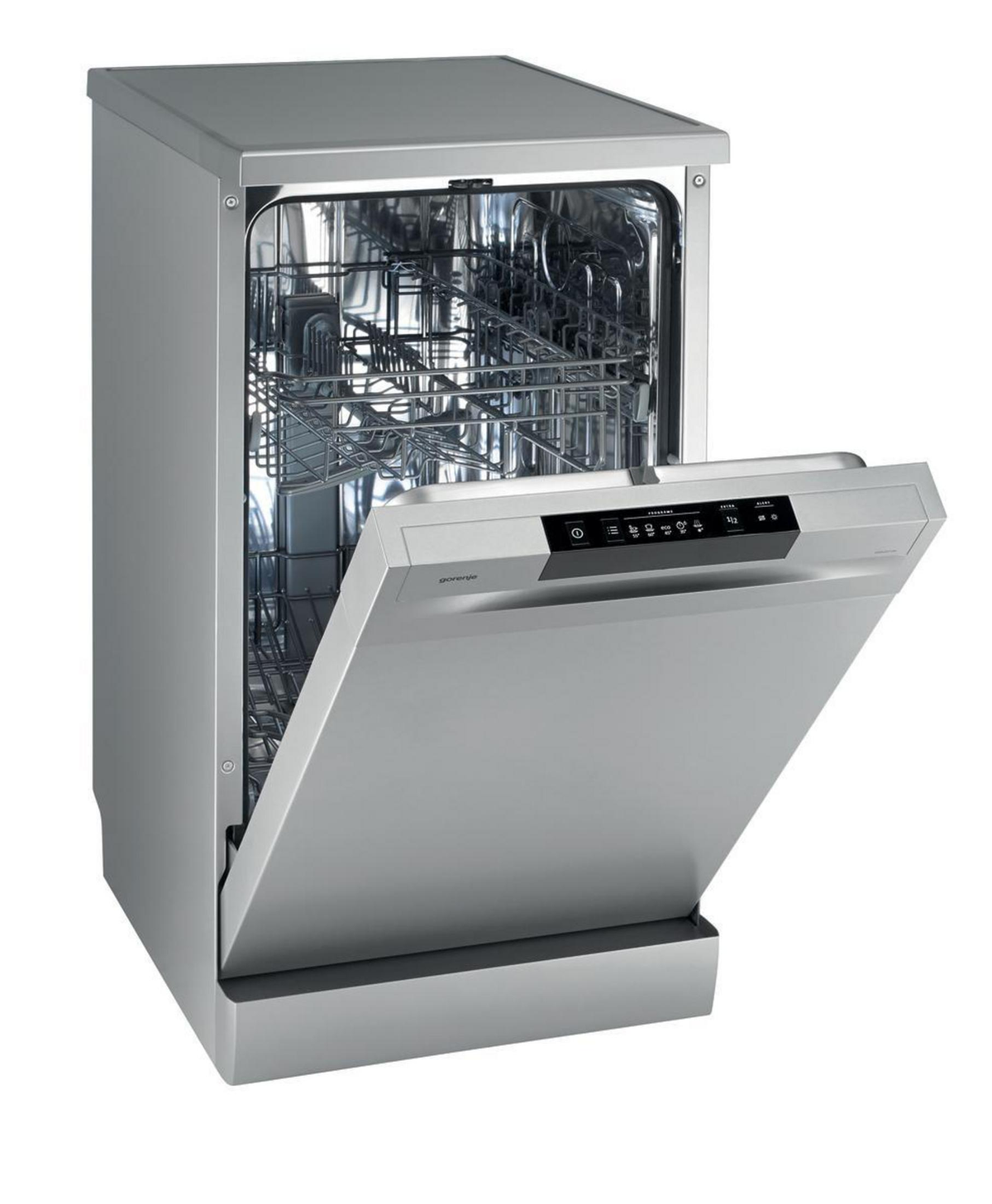 Srebrna zmywarka z otwartymi drzwiami. Widoczne wnętrze z koszami i elementami sterowania.