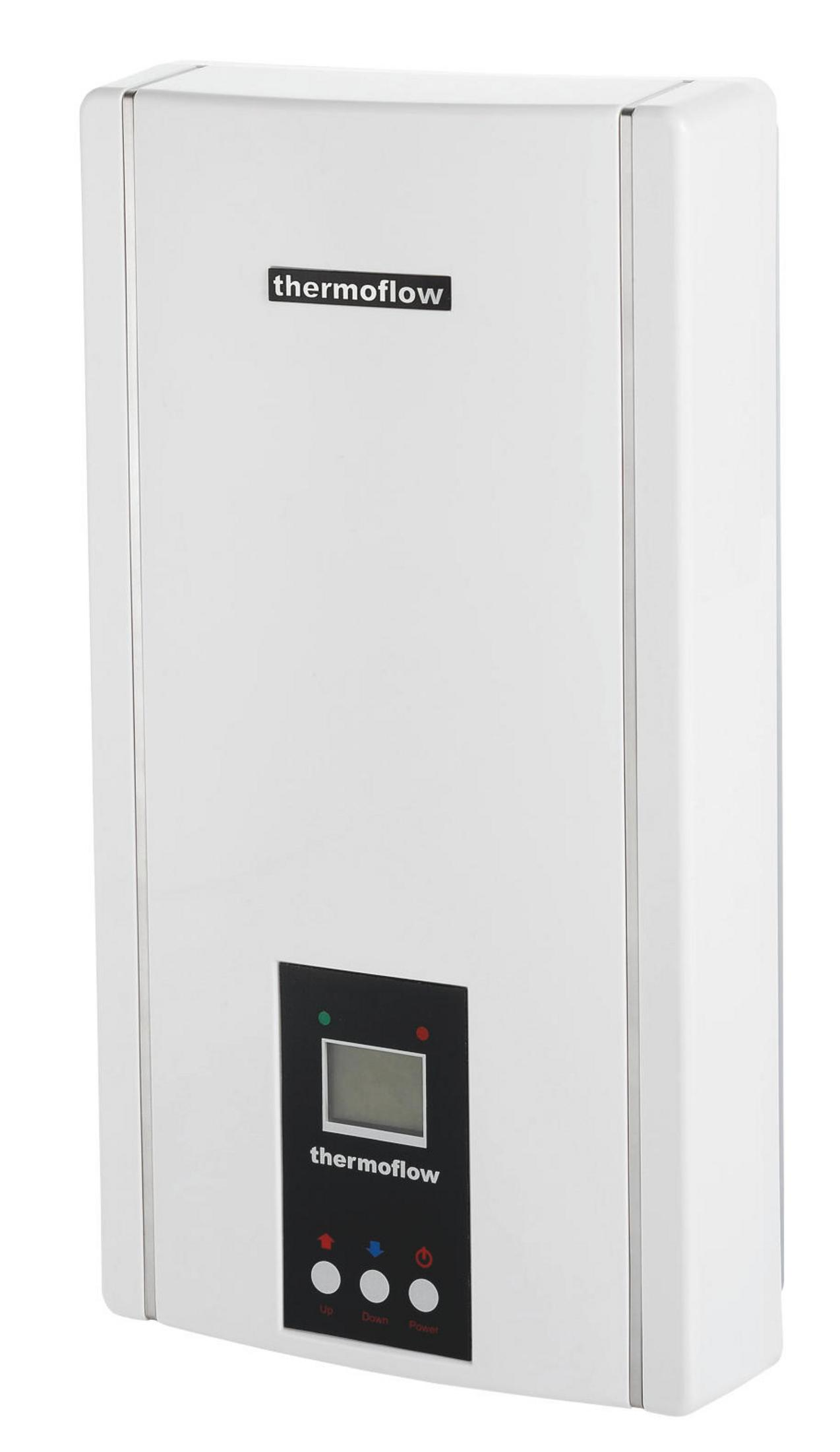 Weißer Thermoflow-Warmwasserbereiter mit Bedienfeld. Weißer Hintergrund.