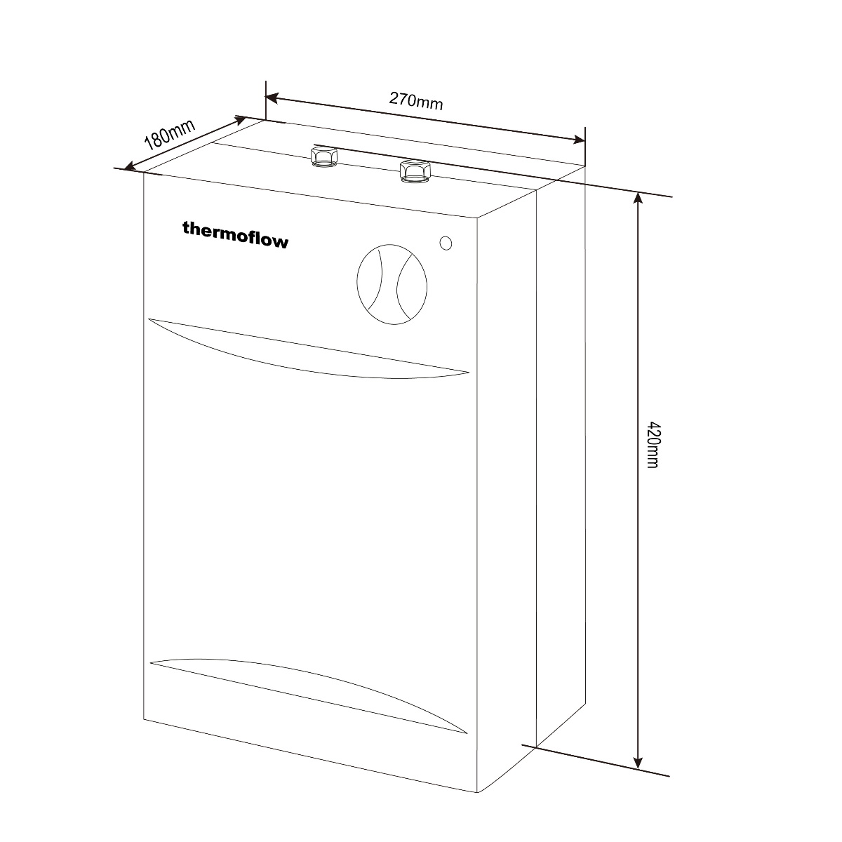 Ein weißes rechteckiges Gerät. Abmessungen: 180 mm x 270 mm x 420 mm. Auf der Vorderseite steht „Thermoflow“.