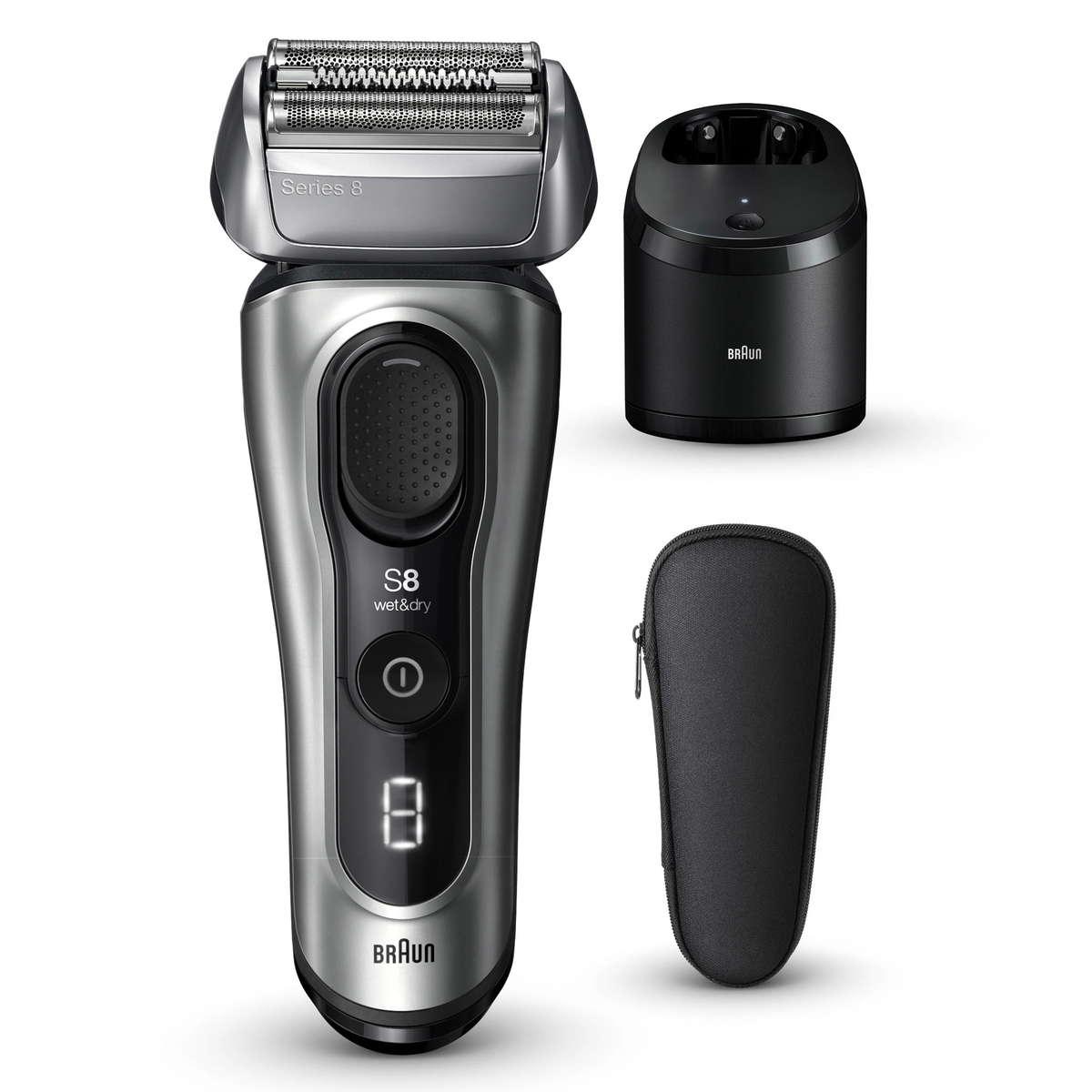 Srebrna i czarna golarka elektryczna Braun Series 8, ze stacją ładującą i etui.