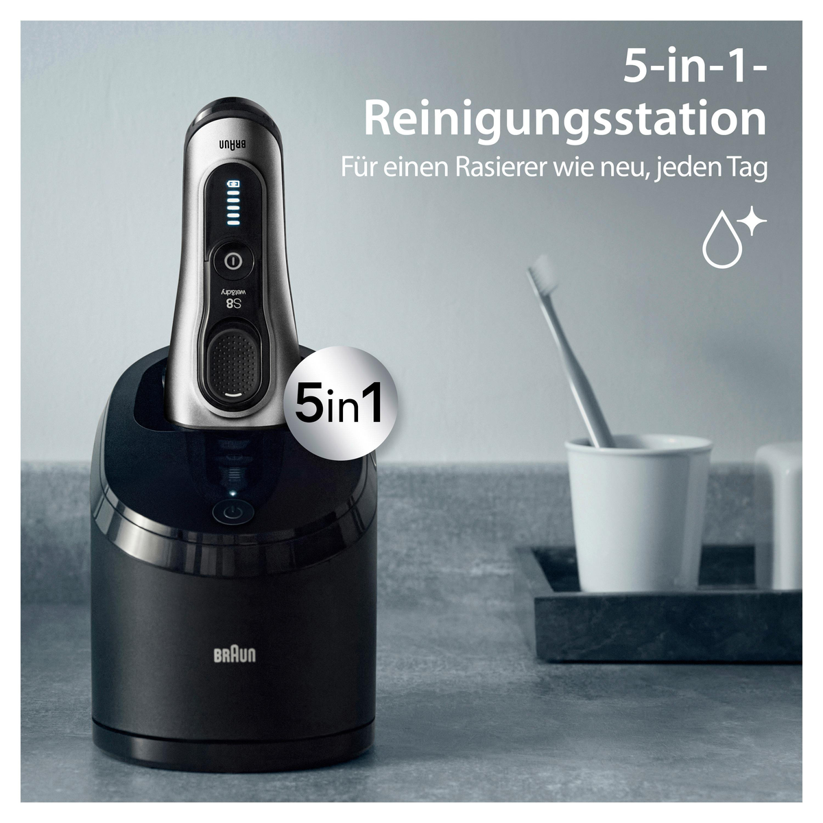 Golarka elektryczna Braun Series 8 w stacji czyszcząco-ładującej, z tekstem.
