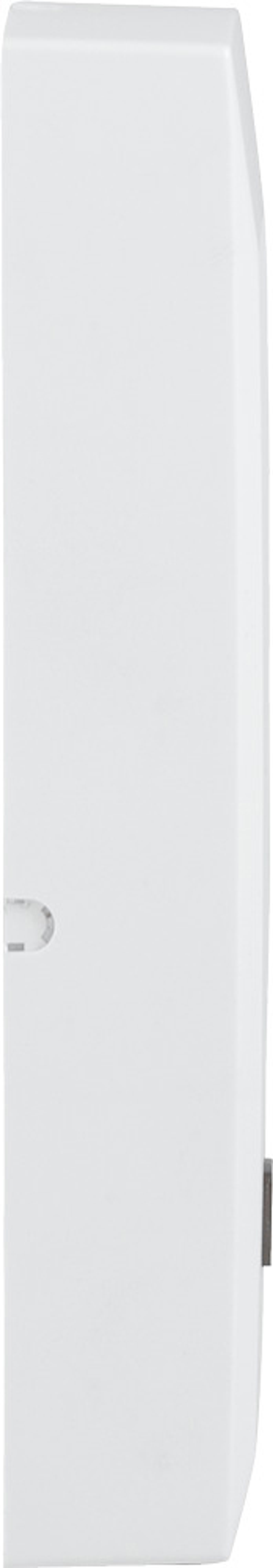 Wysokie, białe, prostokątne urządzenie pokazane z boku. Ma mały, przezroczysty przycisk.