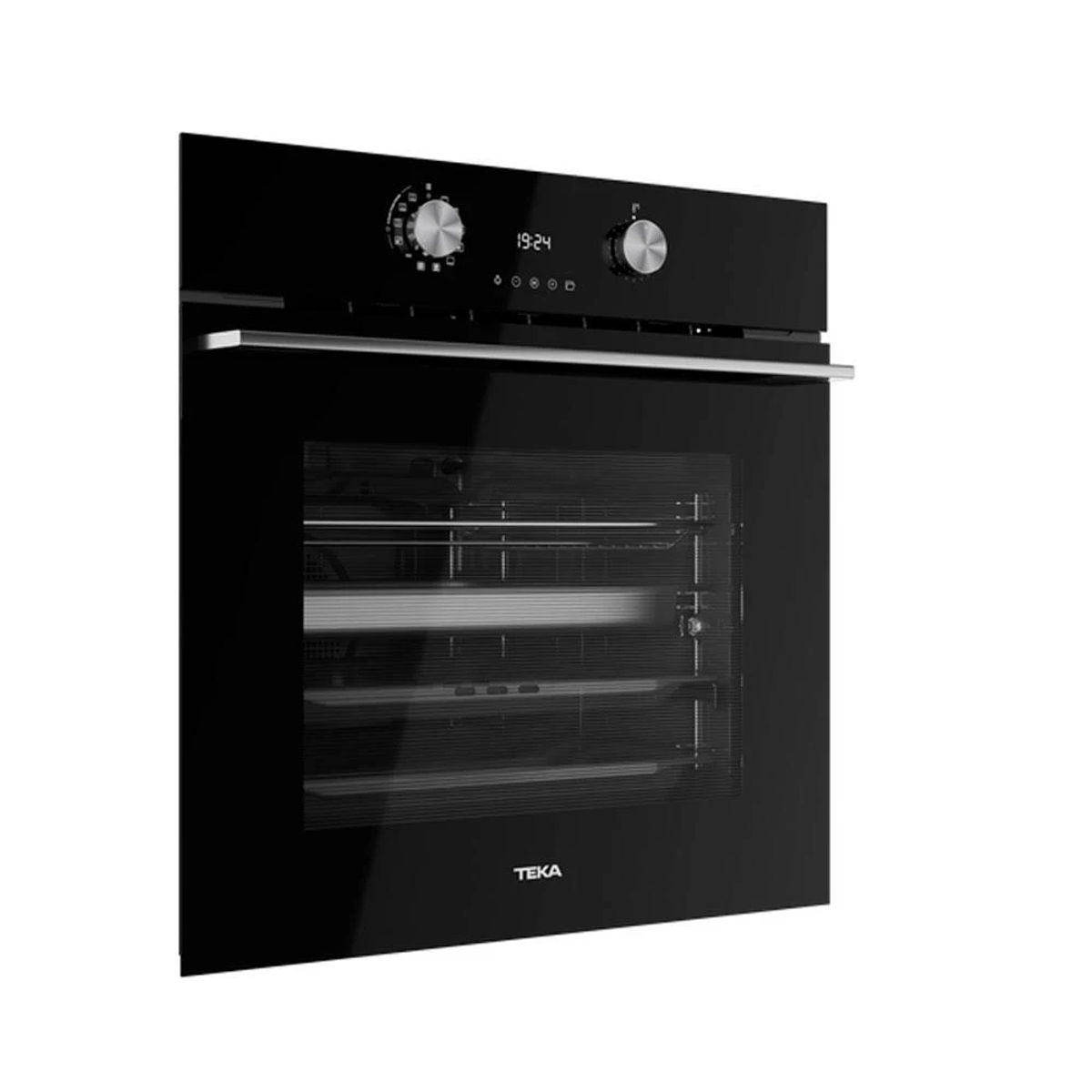 Horno negro con dos mandos y pantalla digital, puerta cerrada.