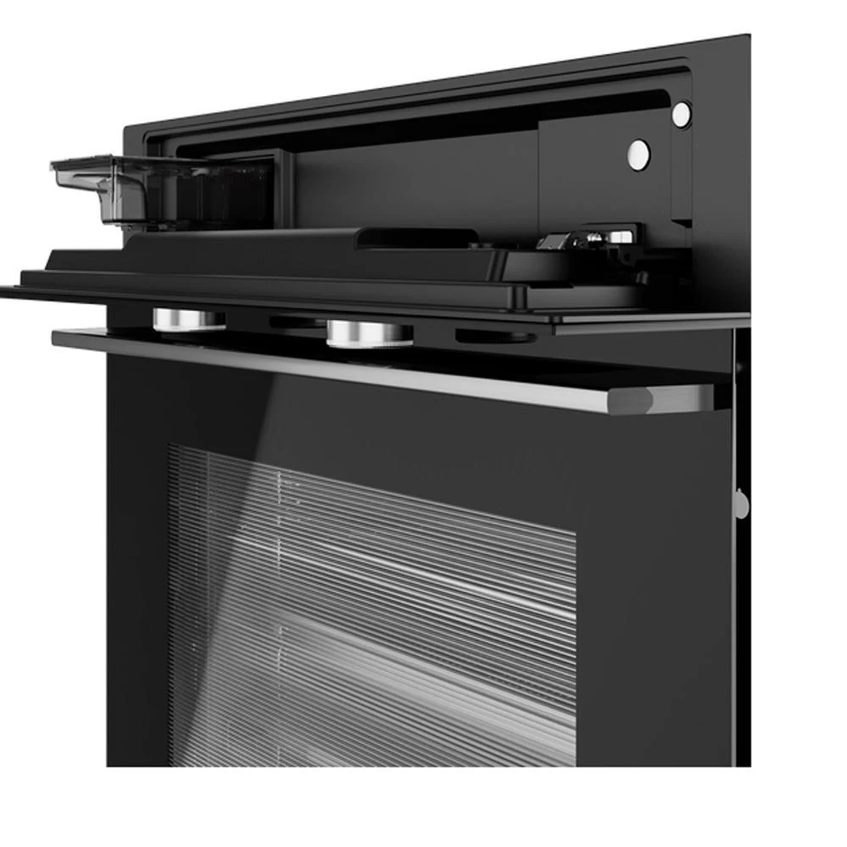 Primer plano de un horno negro con la puerta abierta, que muestra el interior y el panel de control.
