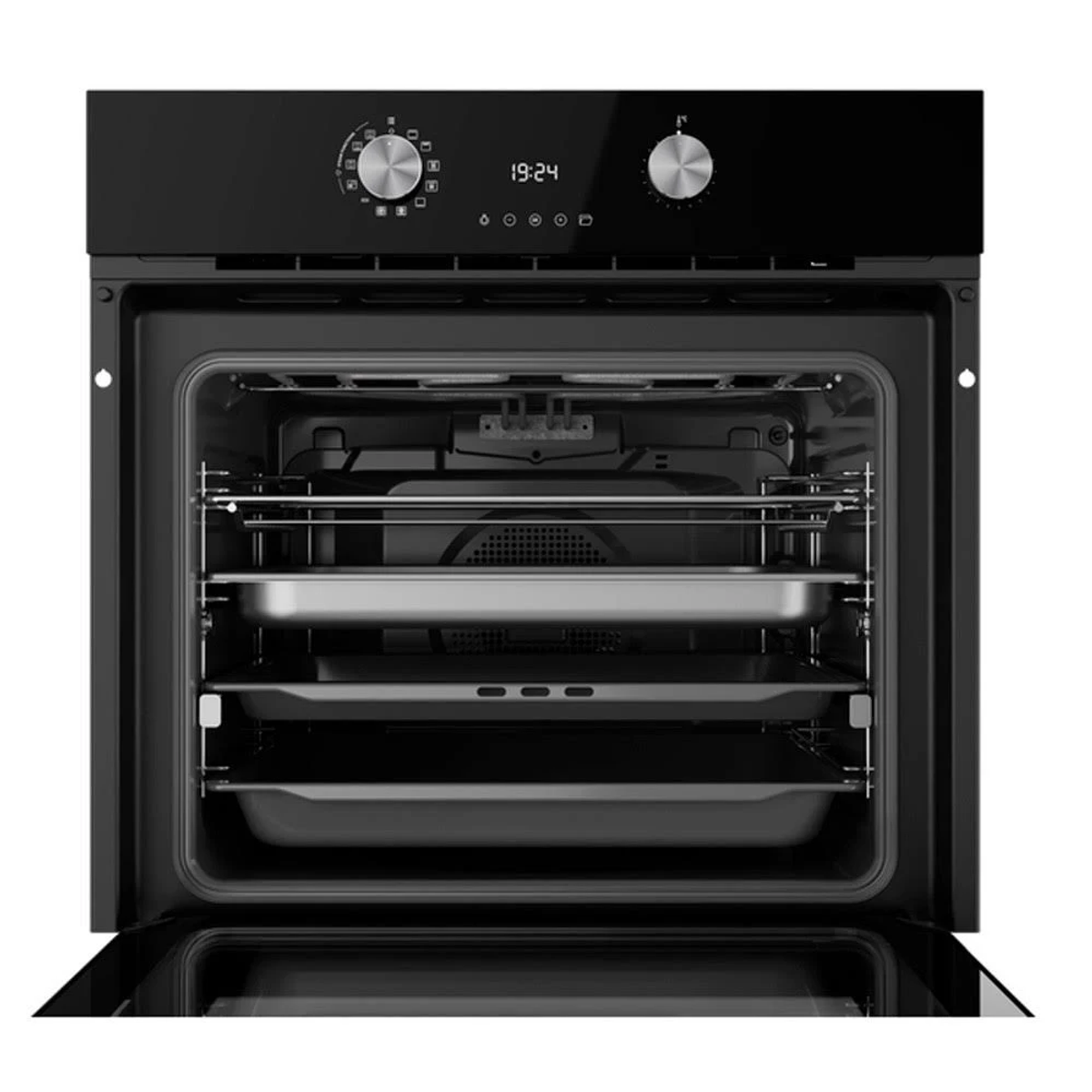 Un horno negro abierto con bandejas dentro, controles en la parte superior y puerta abajo.