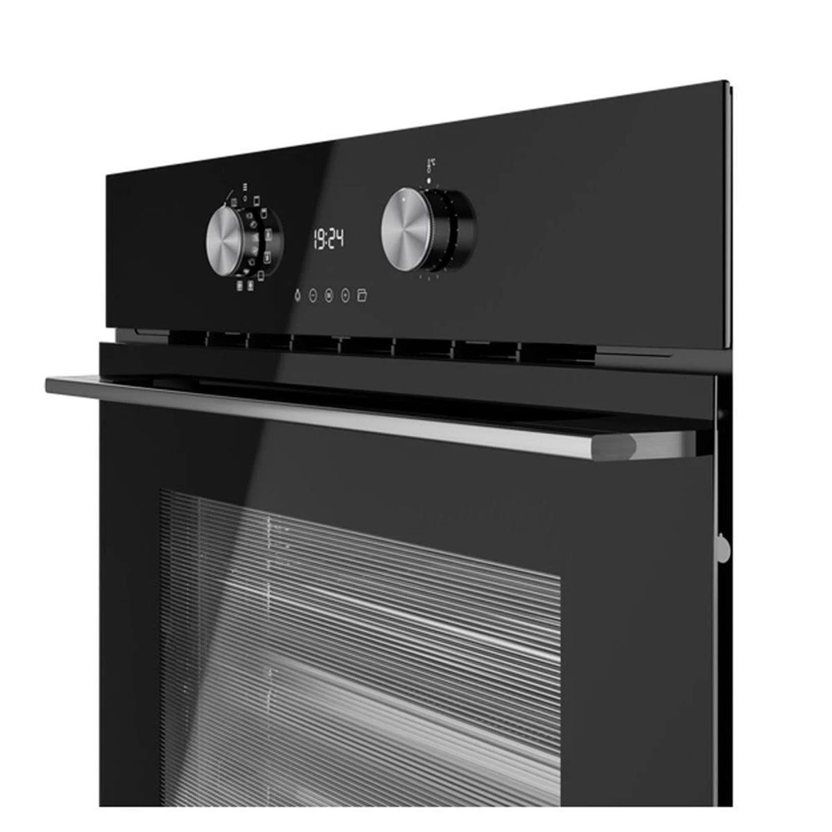 Horno con frontal negro, perillas y pantalla digital.